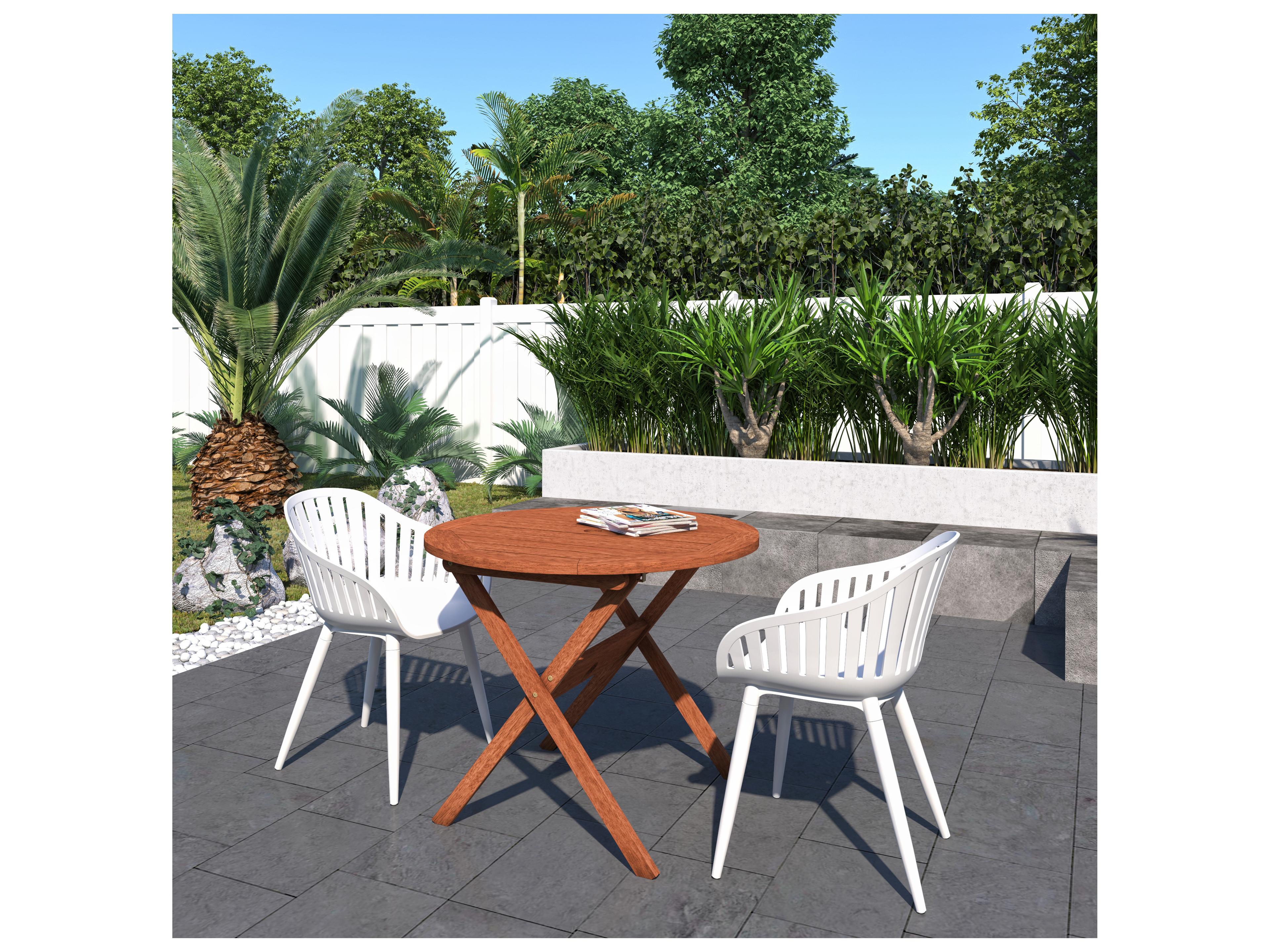 International Home Miami Amazonia Ricard Eucalyptus 3 Piece Outdoor Round Dining Set with White Aluminum Chairs