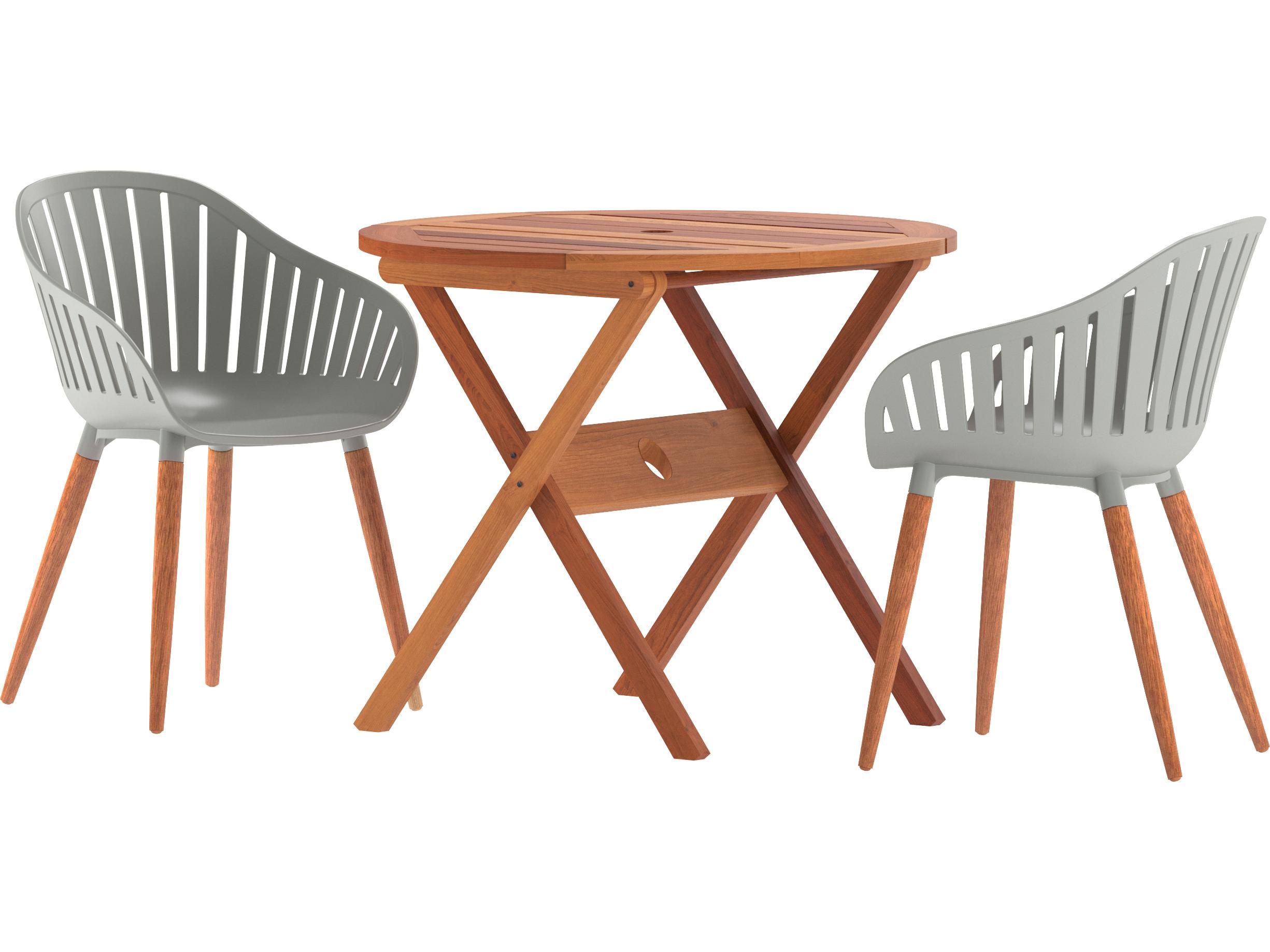 International Home Miami Amazonia Ricard Eucalyptus 3 Piece Outdoor Round Dining Set with Grey Chairs