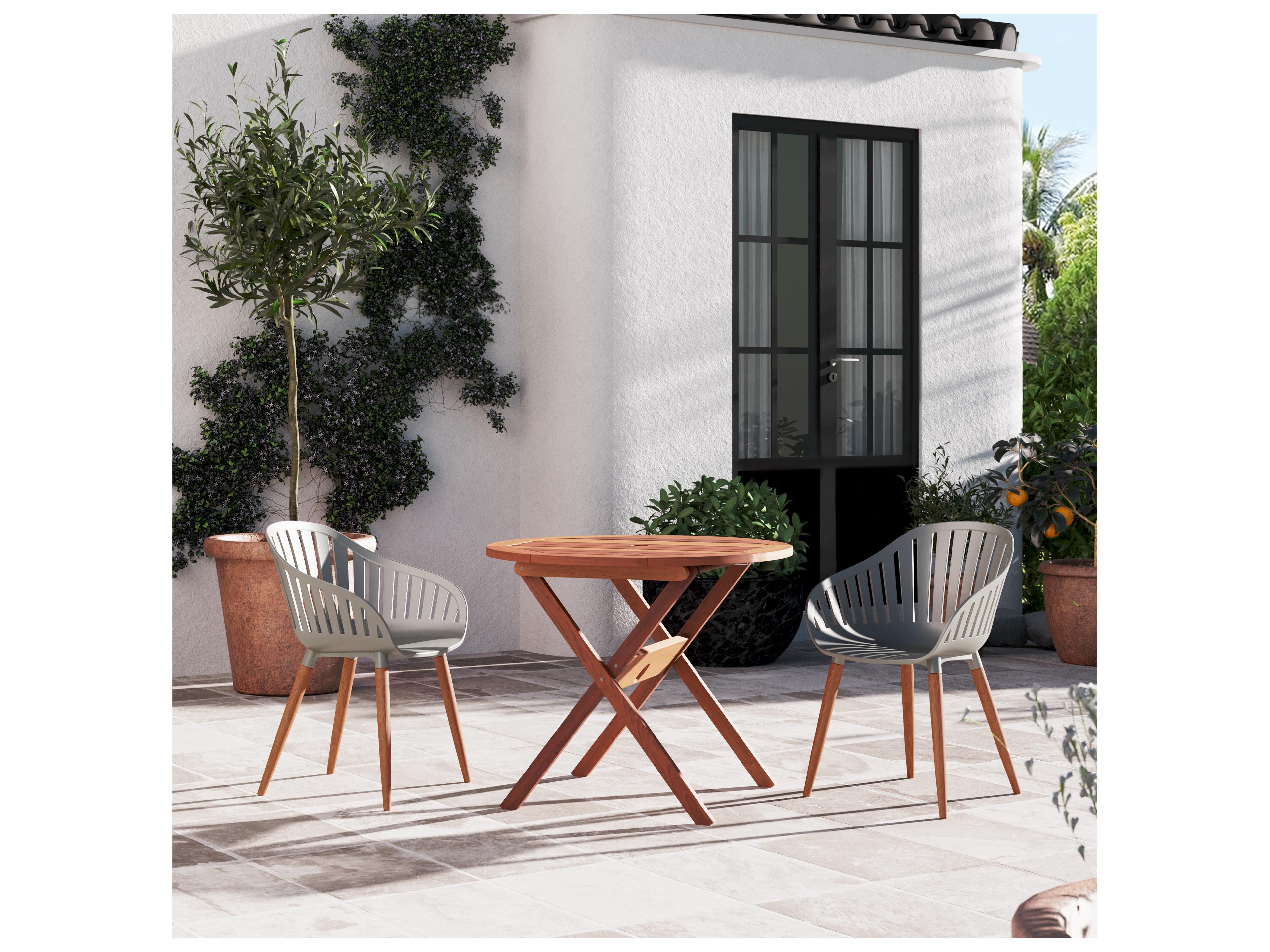 International Home Miami Amazonia Ricard Eucalyptus 3 Piece Outdoor Round Dining Set with Grey Chairs