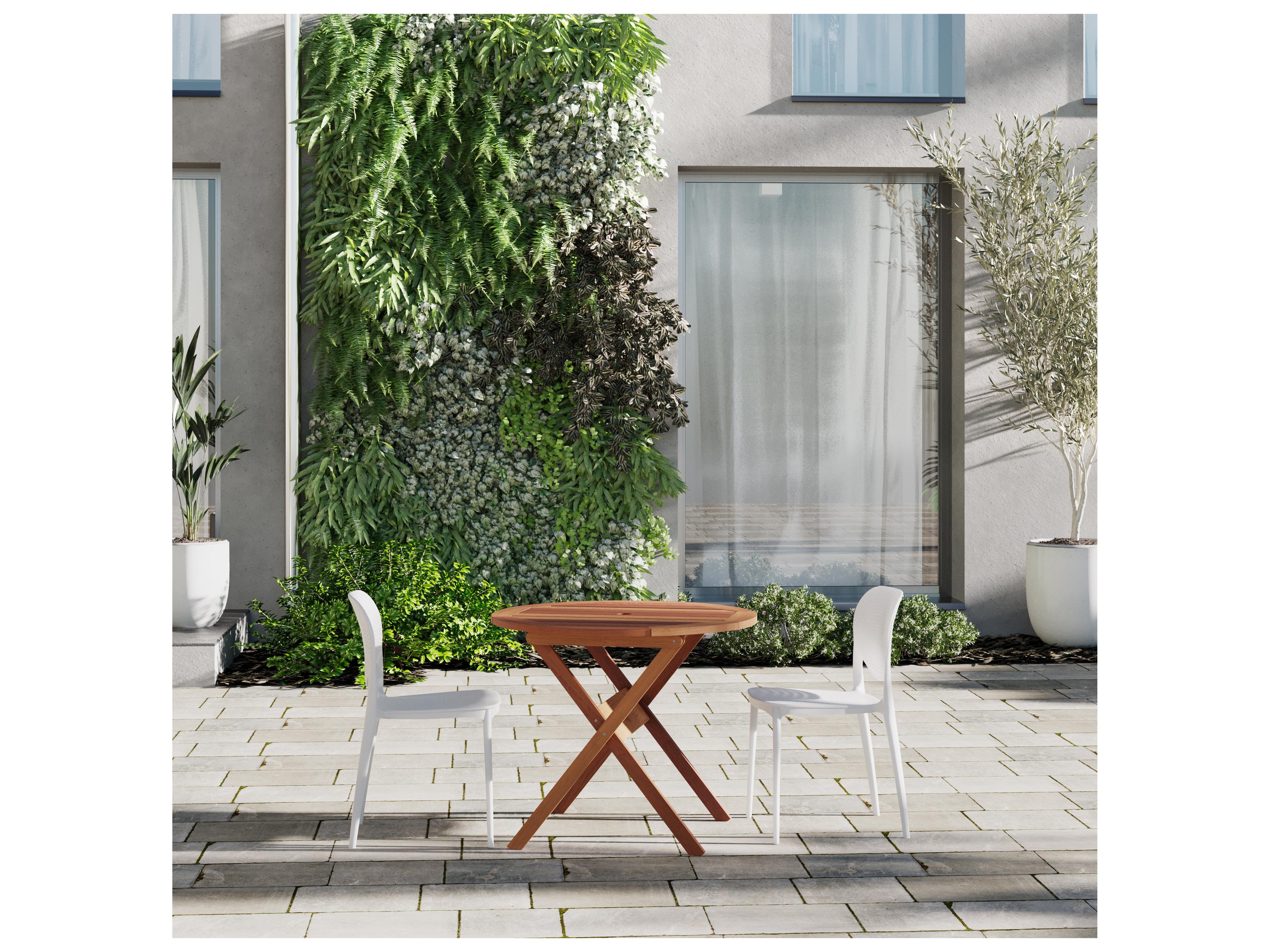 International Home Miami Amazonia Ricard Eucalyptus 3 Piece Outdoor Round Dining Set with White Plastic Chairs