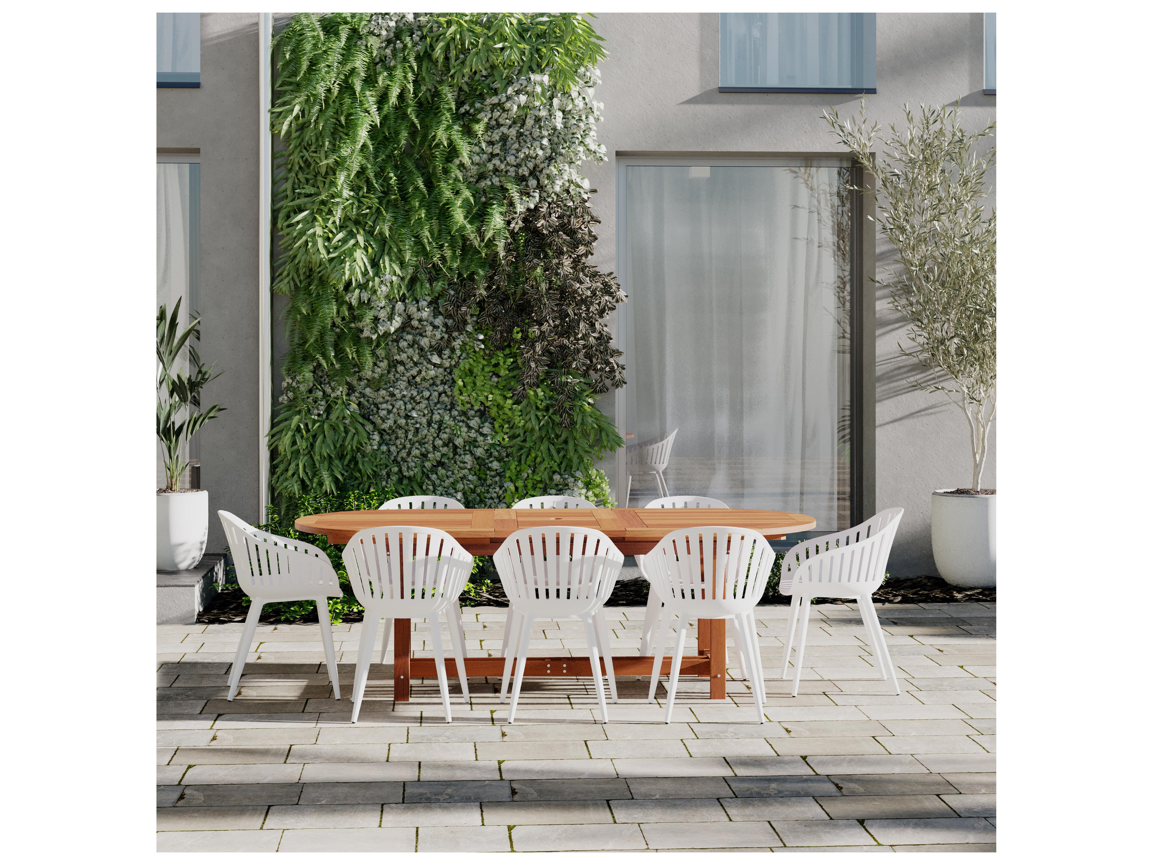 International Home Miami Amazonia Hungaroring Eucalyptus 9 Piece Outdoor Oval Extendable Dining Set with White Aluminum Chairs