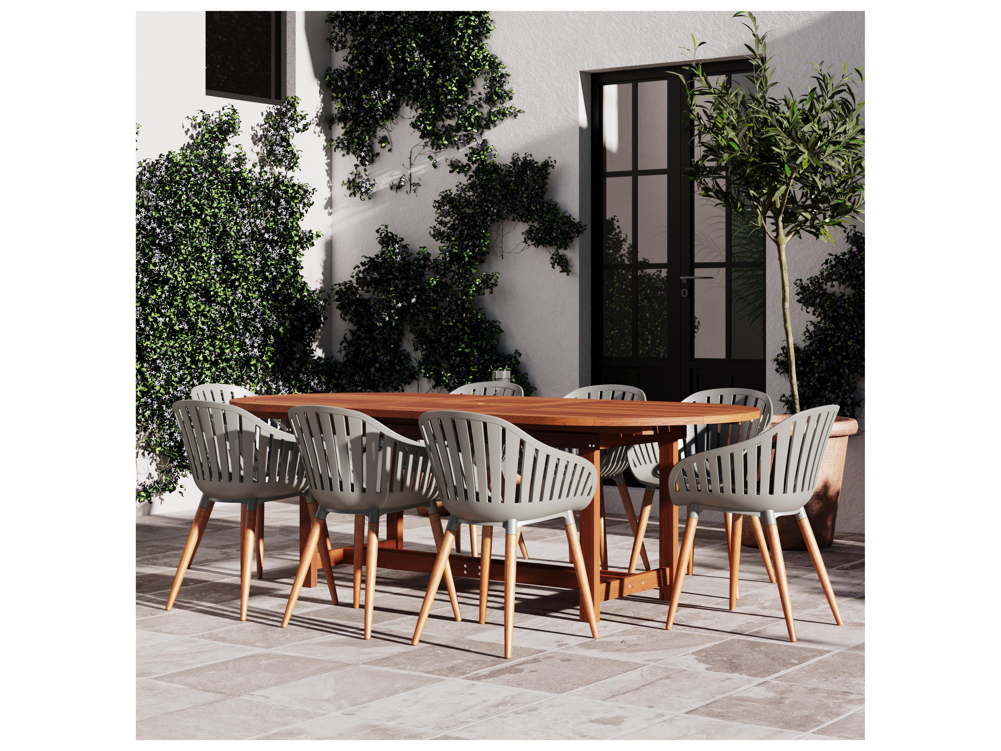 International Home Miami Amazonia Hungaroring Eucalyptus 9 Piece Outdoor Oval Extendable Dining Set with Grey Chairs
