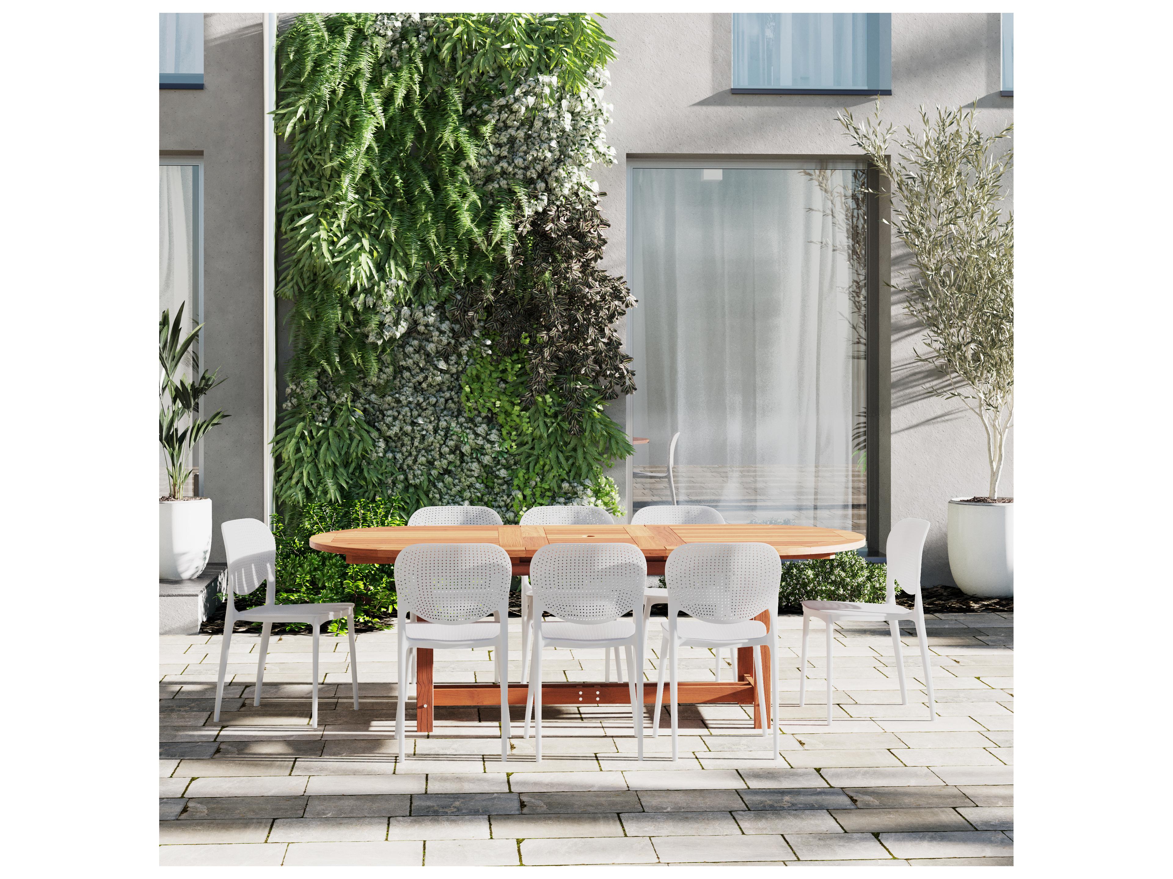 International Home Miami Amazonia Hungaroring Eucalyptus 9 Piece Outdoor Oval Extendable Dining Set with White Plastic Chairs
