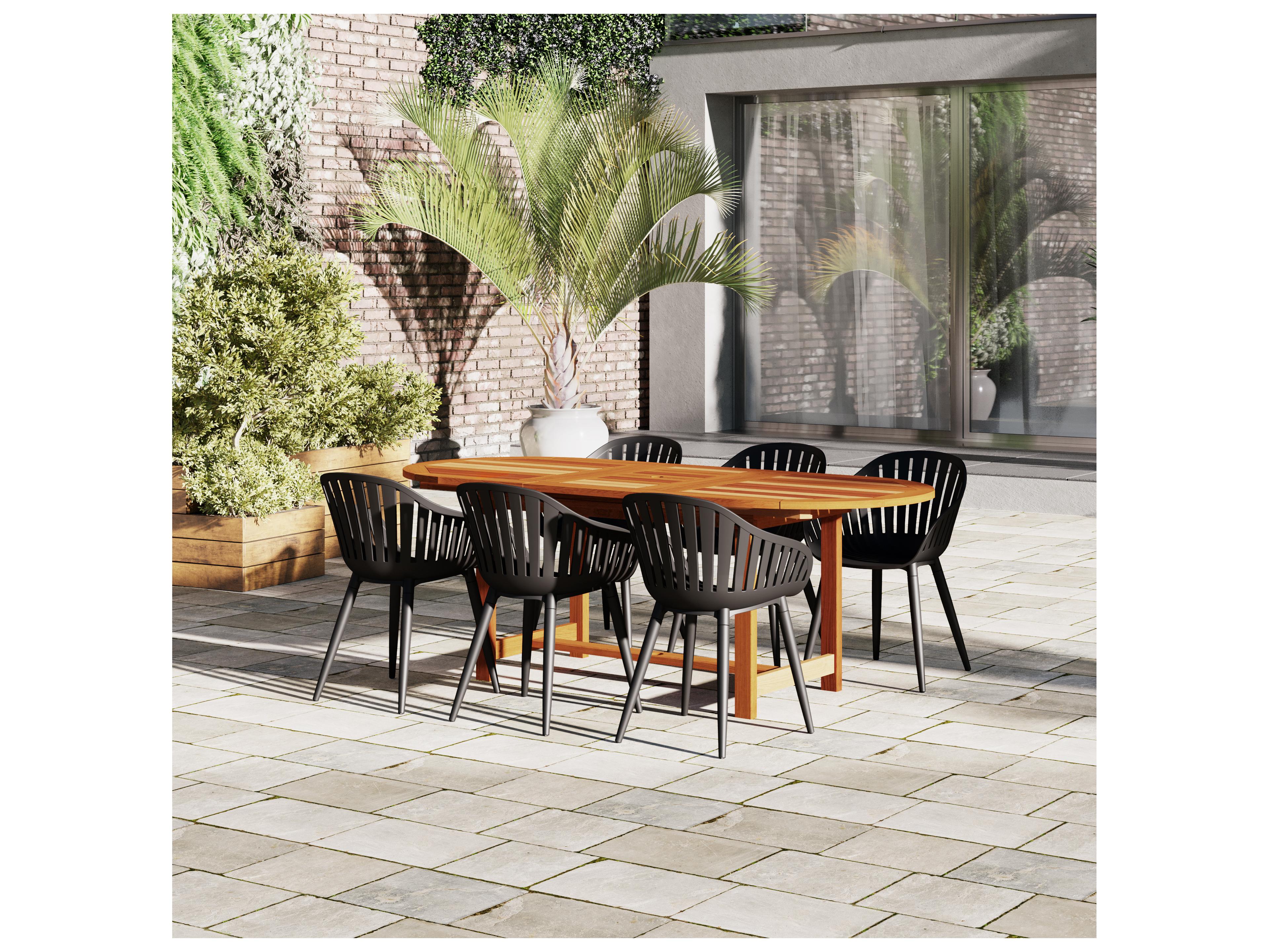 International Home Miami Amazonia Francorchamps Eucalyptus 7 Piece Outdoor Oval Extendable Dining Set with Black Aluminum Chairs