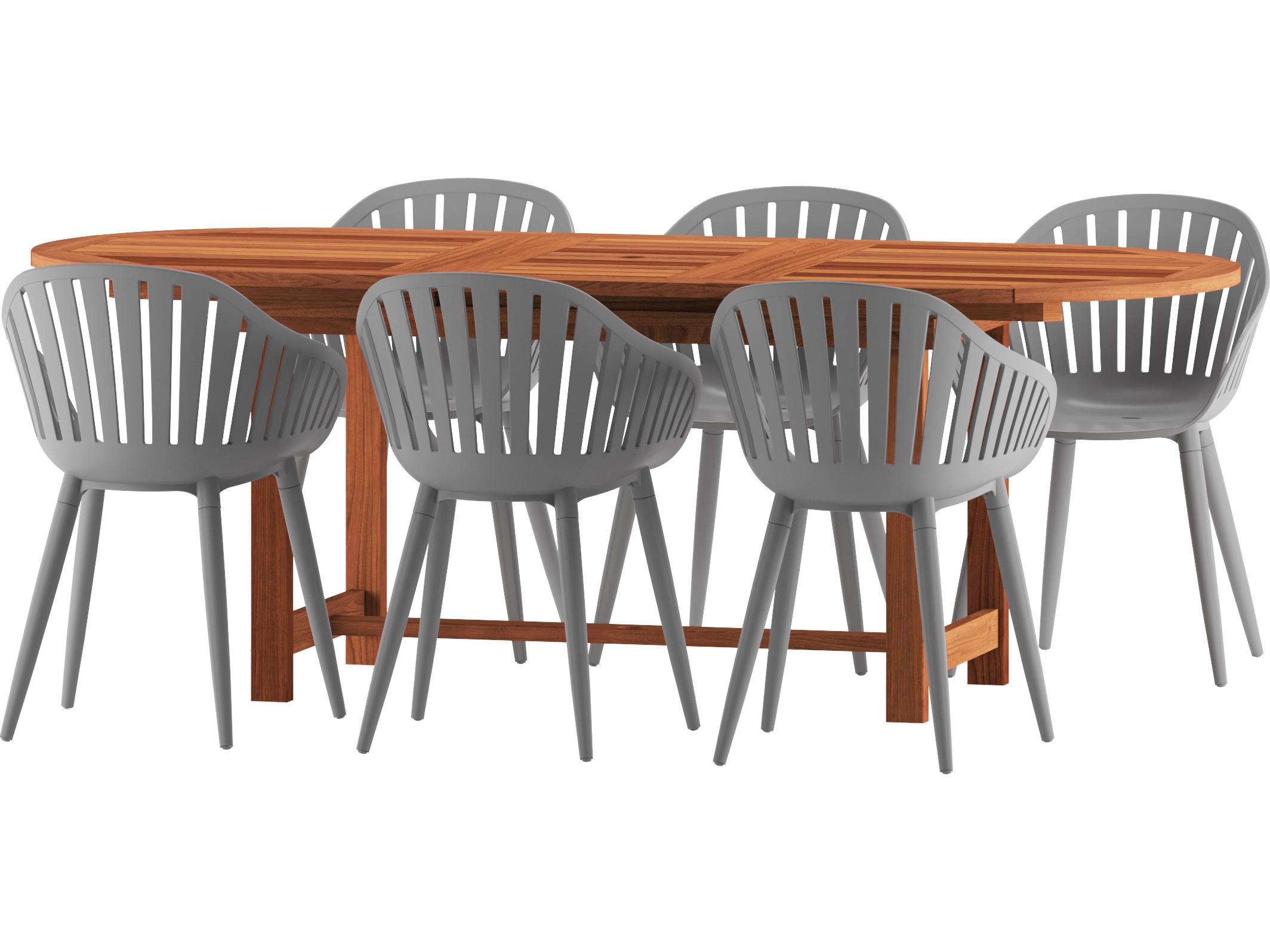 International Home Miami Amazonia Francorchamps Eucalyptus 7 Piece Outdoor Oval Extendable Dining Set with Grey Aluminum Chairs