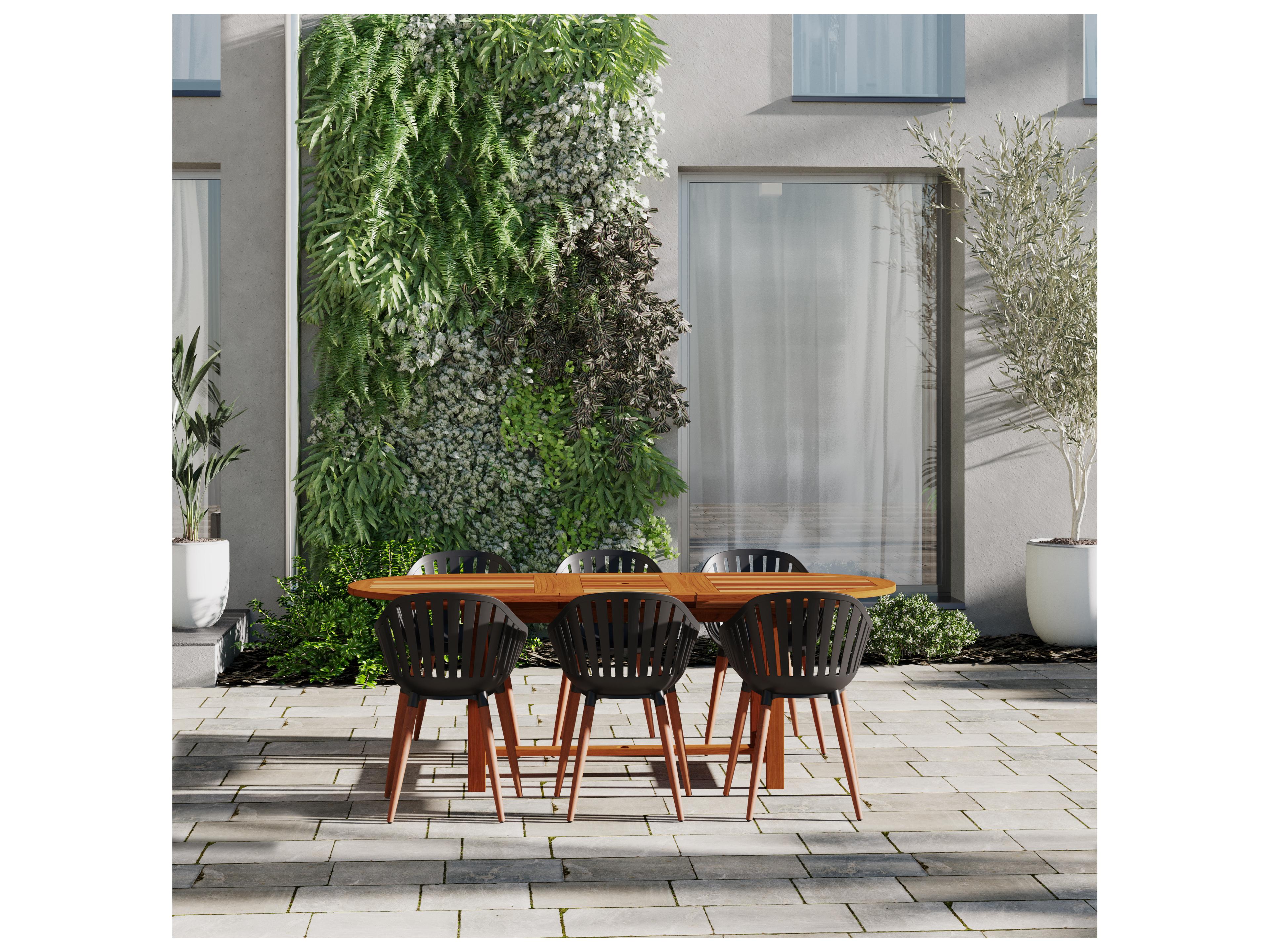 International Home Miami Amazonia Francorchamps Eucalyptus 7 Piece Outdoor Oval Extendable Dining Set with Black Chairs