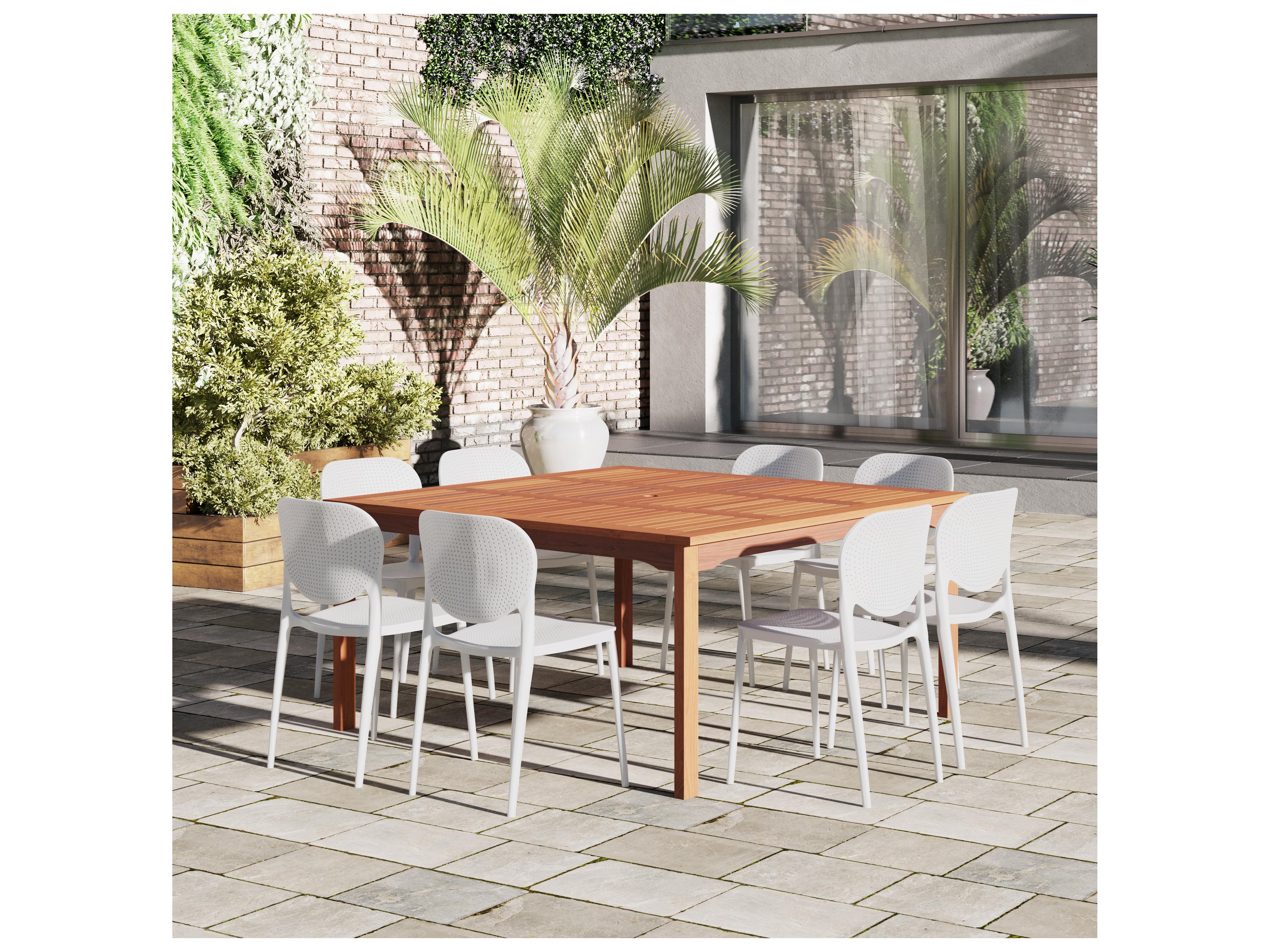 International Home Miami Amazonia Sochi Eucalyptus 9 Piece Outdoor Square Dining Set with White Plastic Chairs