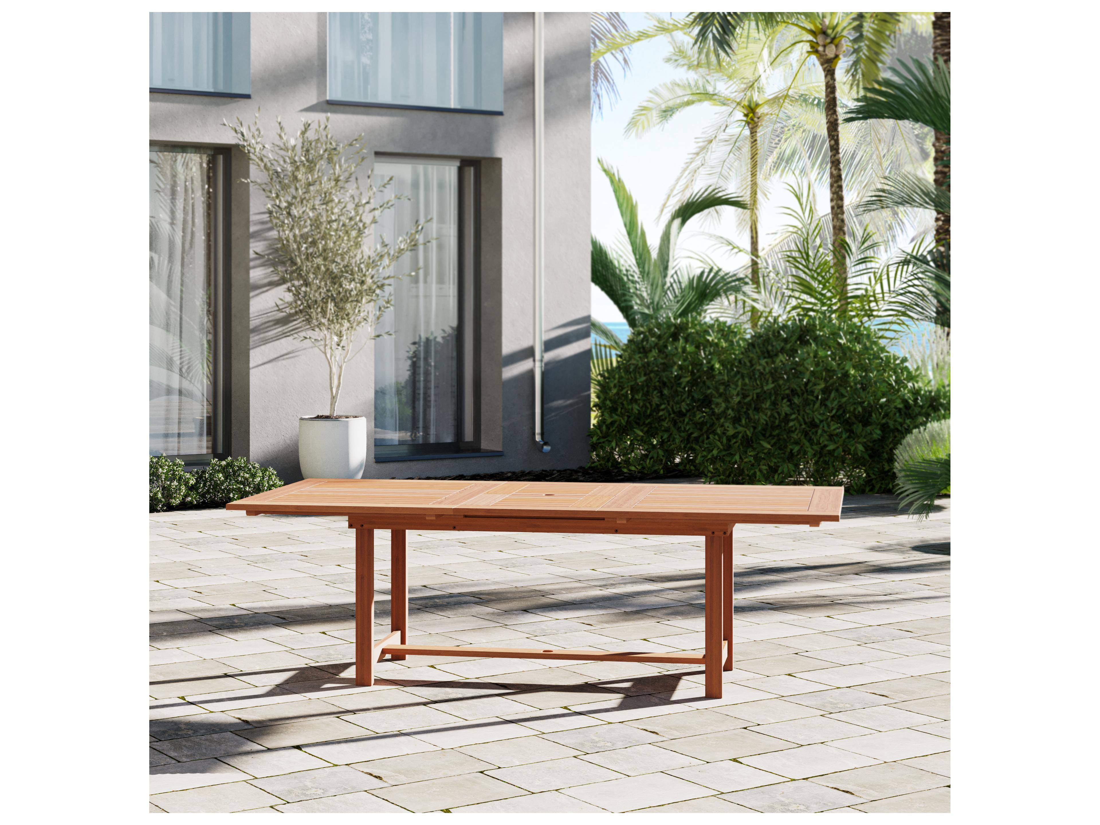 International Home Miami Amazonia Yas Eucalyptus 9 Piece Outdoor Extendable Rectangular Dining Set with White Plastic Chairs