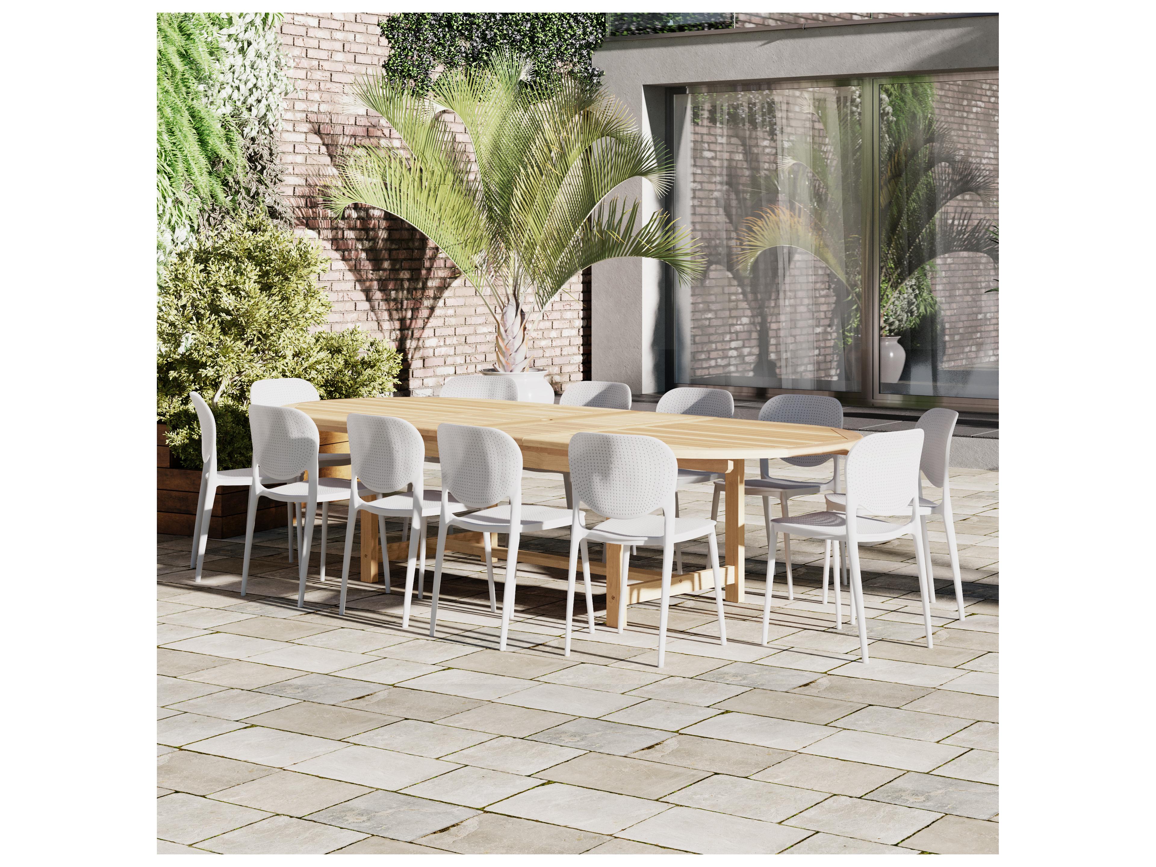 International Home Miami Amazonia Abu Dhabi Teak 13 Piece Outdoor Oval Extendable Dining Set with White Plastic Chairs