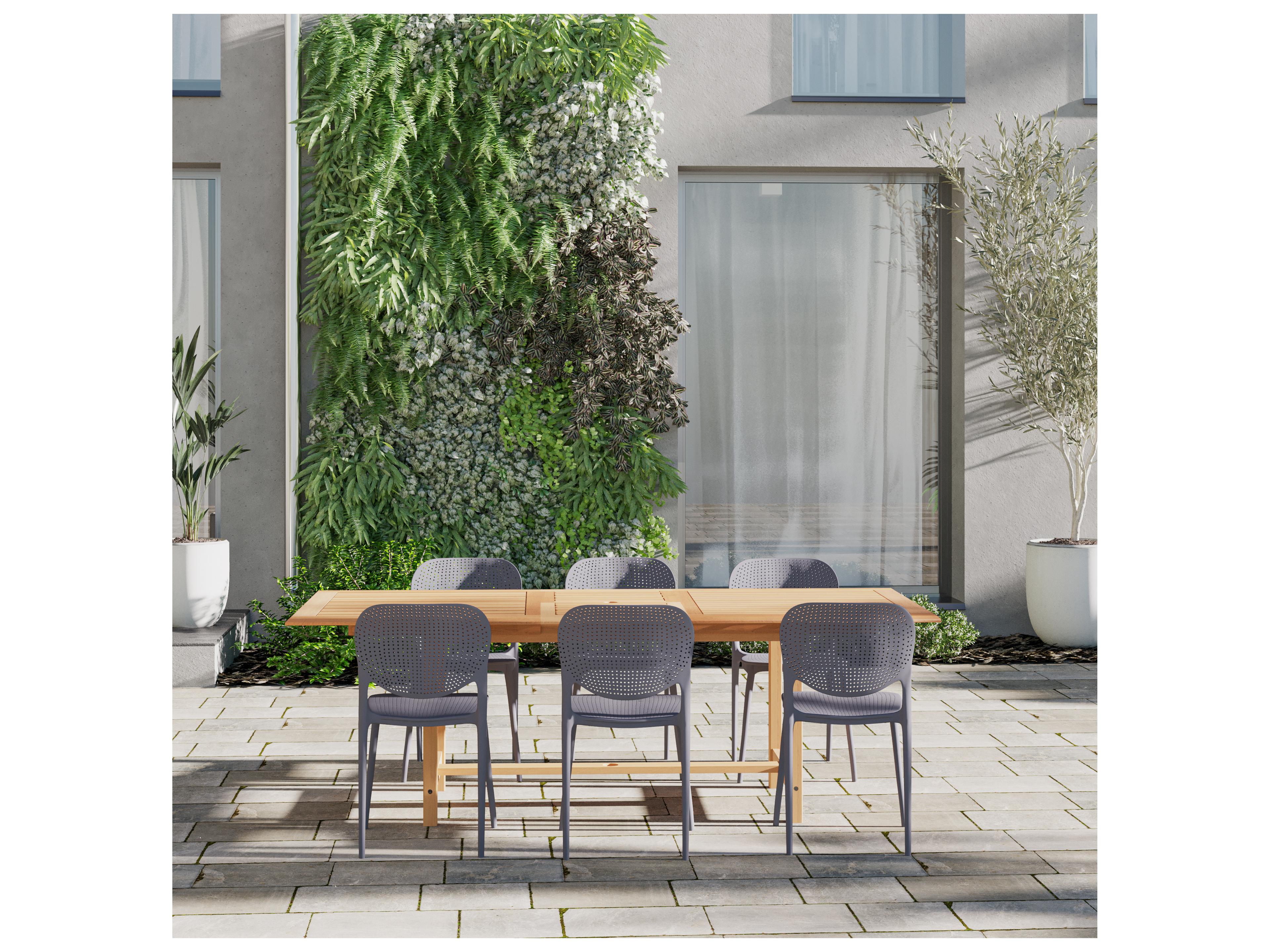 International Home Miami Amazonia Senna Teak 7 Piece Outdoor Oval Extendable Dining Set with Grey Plastic Chairs