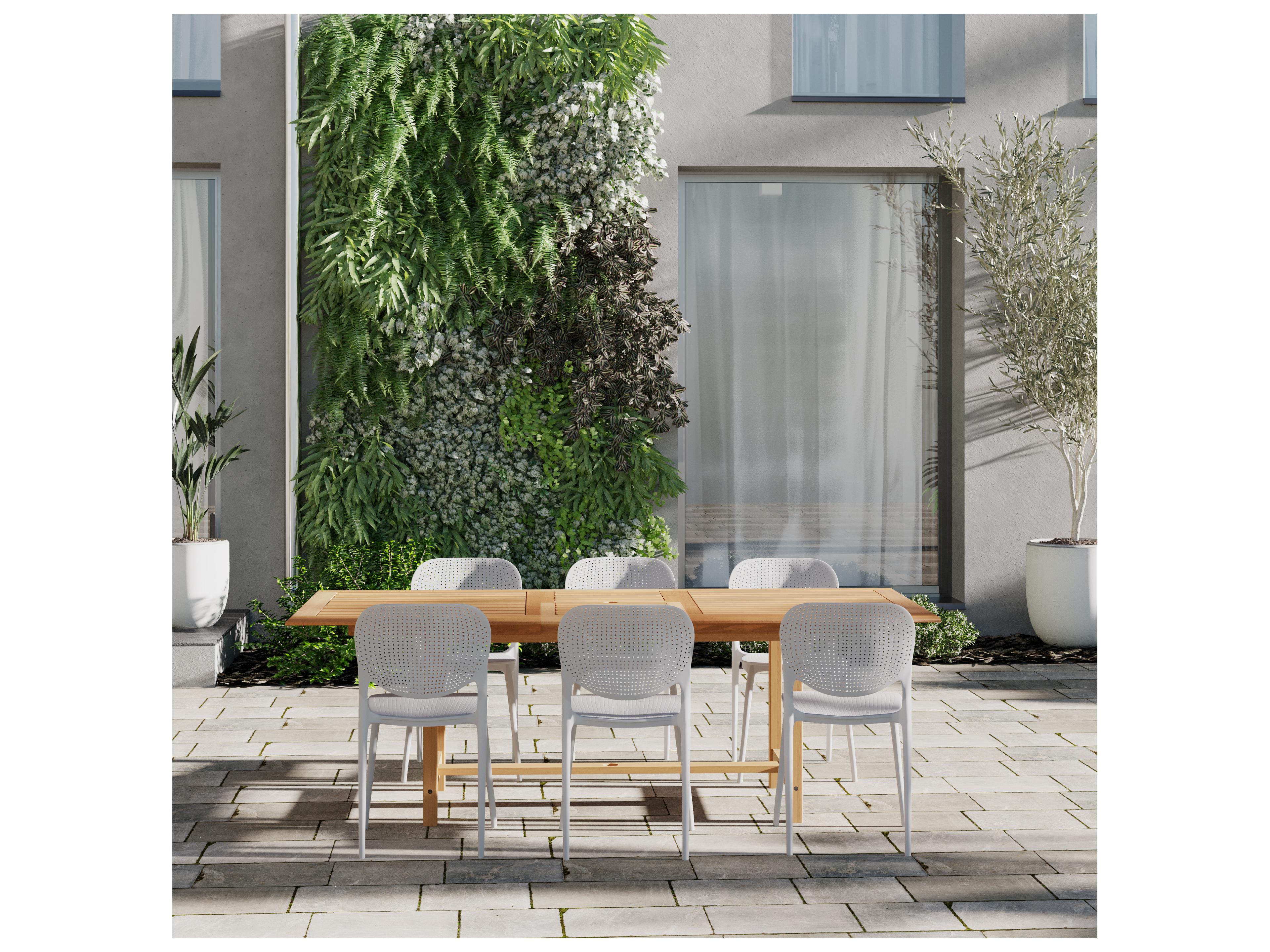 International Home Miami Amazonia Senna Teak 7 Piece Outdoor Oval Extendable Dining Set with White Plastic Chairs