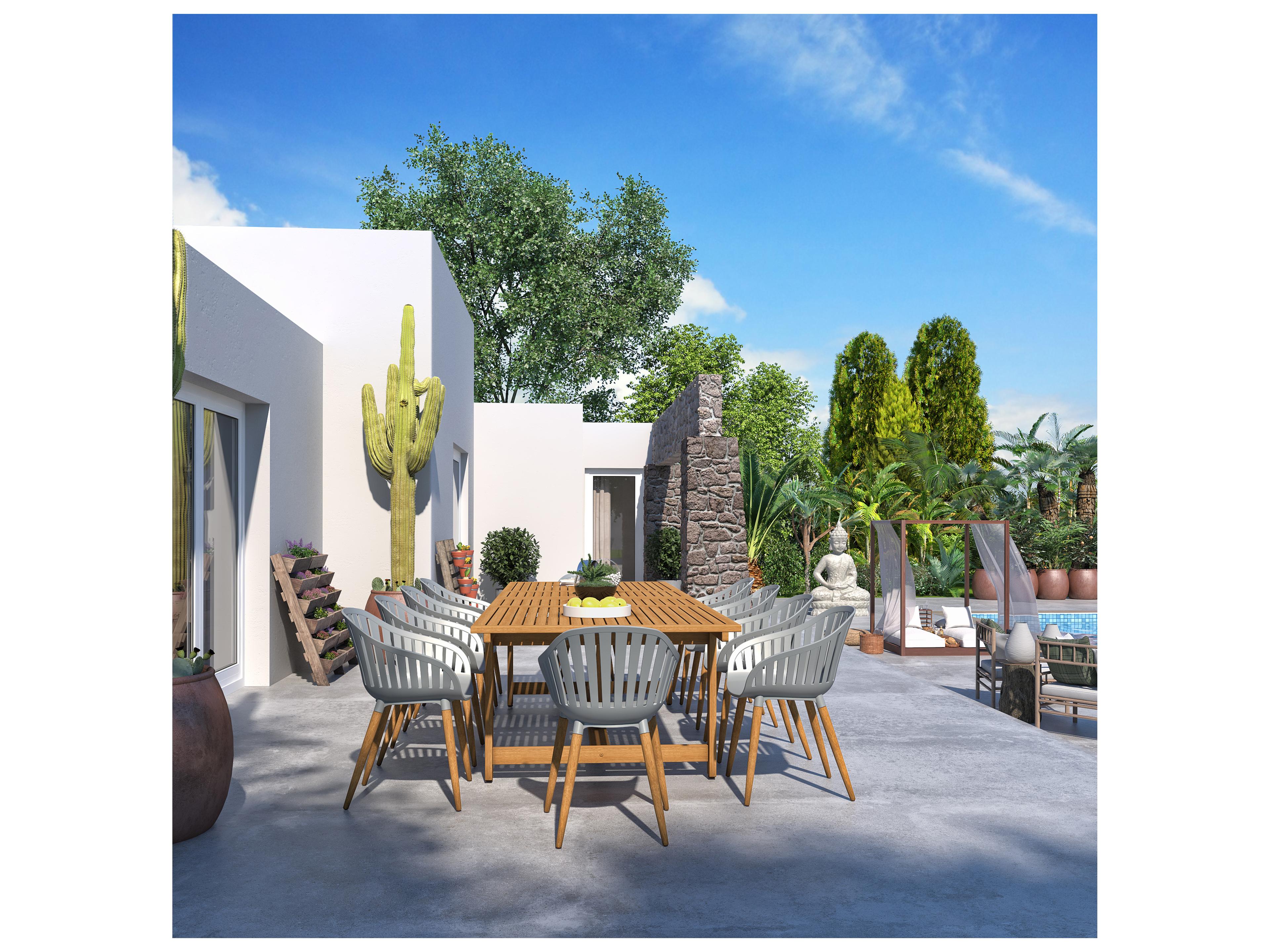 International Home Miami Amazonia Interlagos Teak Finish 11 Piece Outdoor Rectangular Extendable dining set with Grey chairs