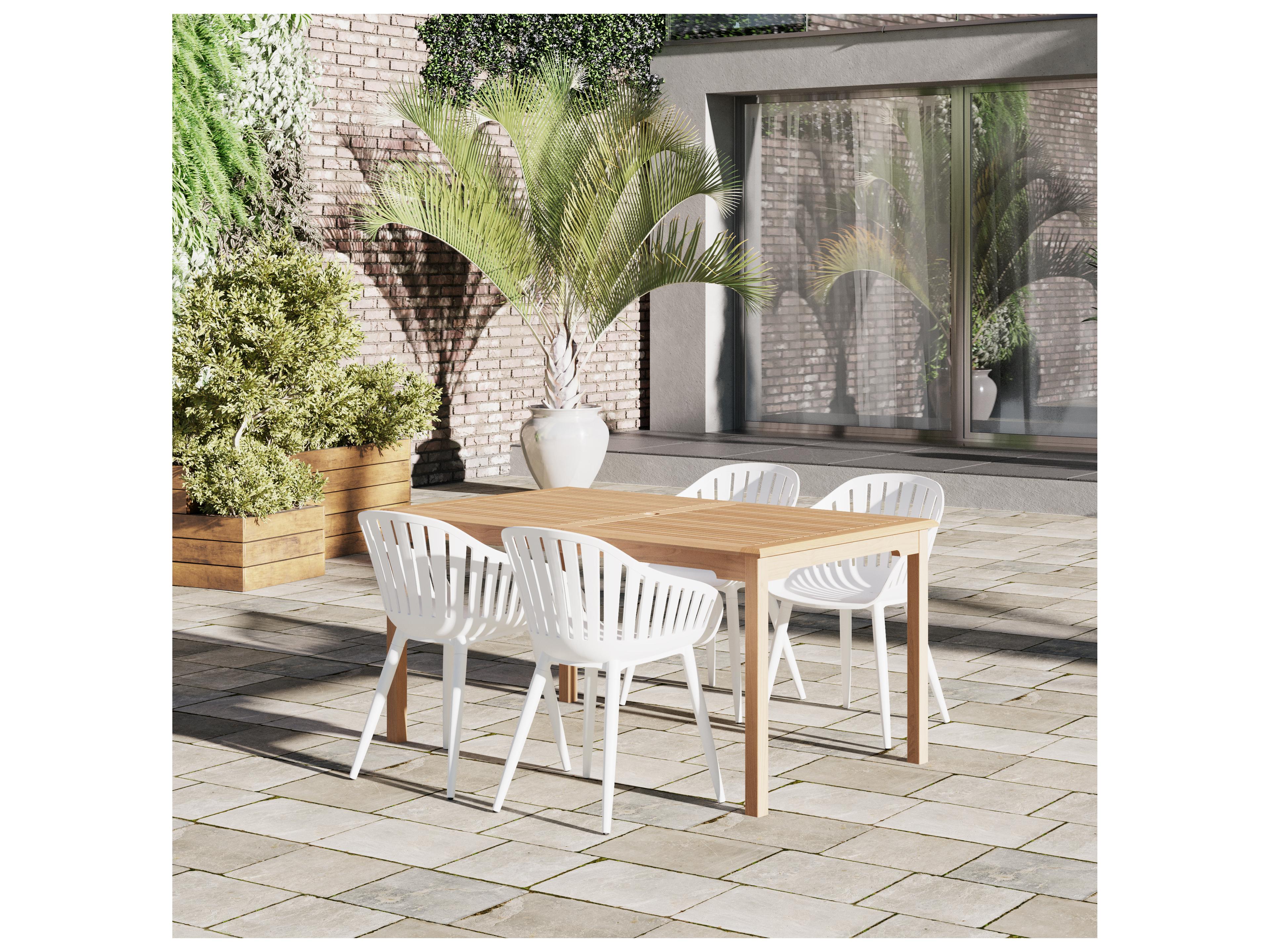 International Home Miami Amazonia Suzuka Teak 5 Piece Outdoor Rectangular dining set with White aluminum legs chairs