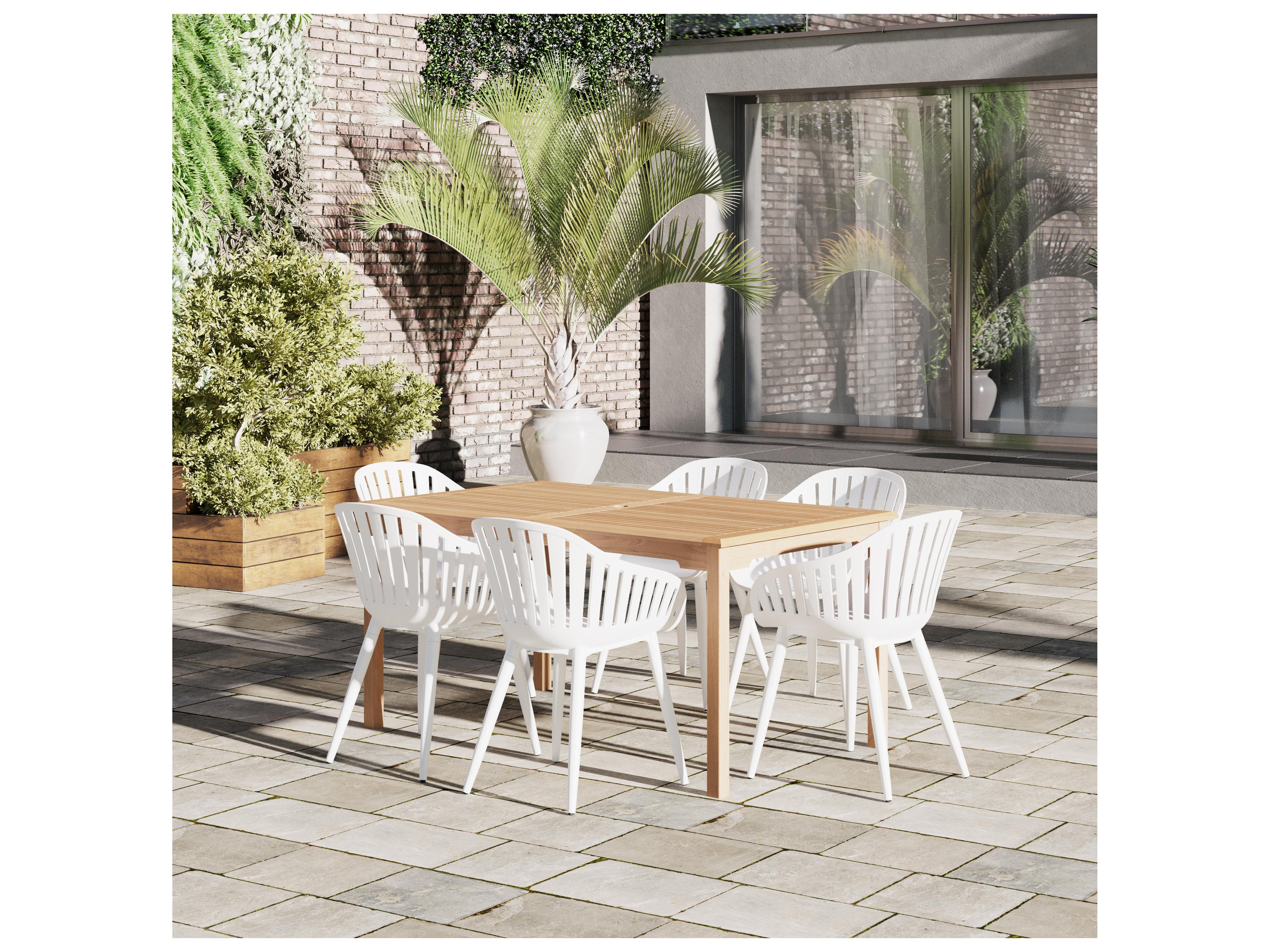 International Home Miami Amazonia Suzuka Teak 7 Piece Outdoor Rectangular dining set with White aluminum legs chairs