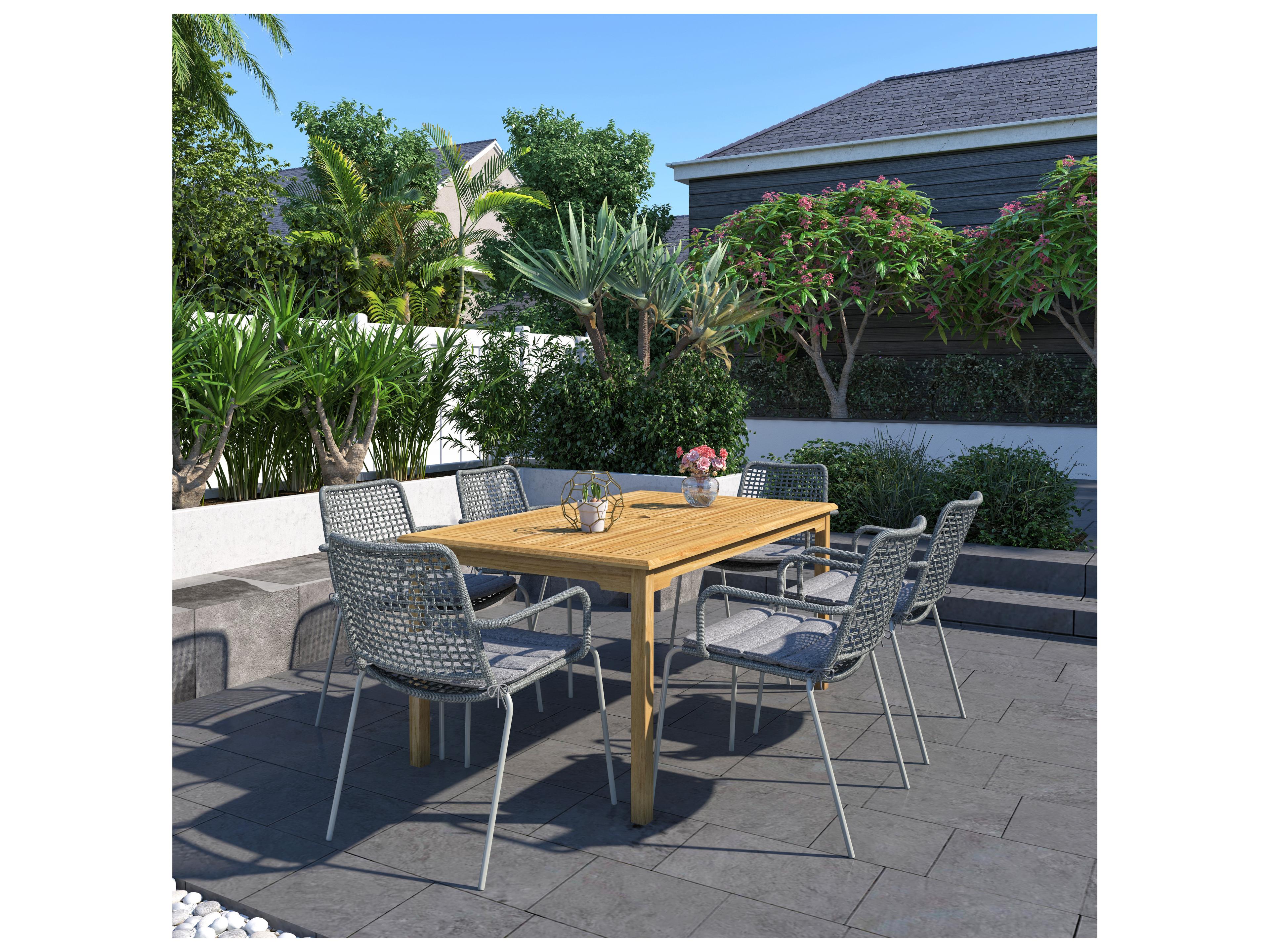 International Home Miami Amazonia Suzuka Teak 7 Piece Outdoor Rectangular dining set with Grey Plastic chairs
