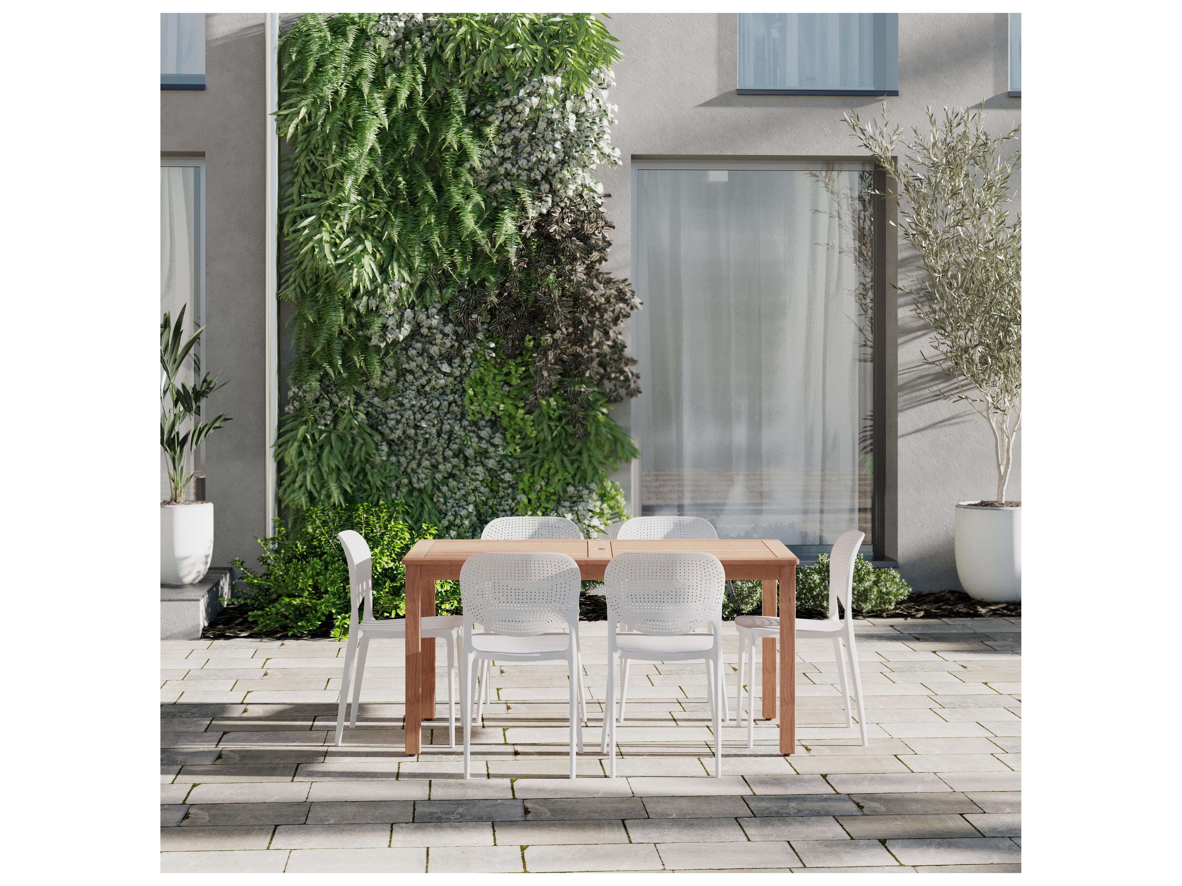 International Home Miami Amazonia Mika Eucalyptus 7 Piece Outdoor Rectangular Dining Set with White Plastic Chairs