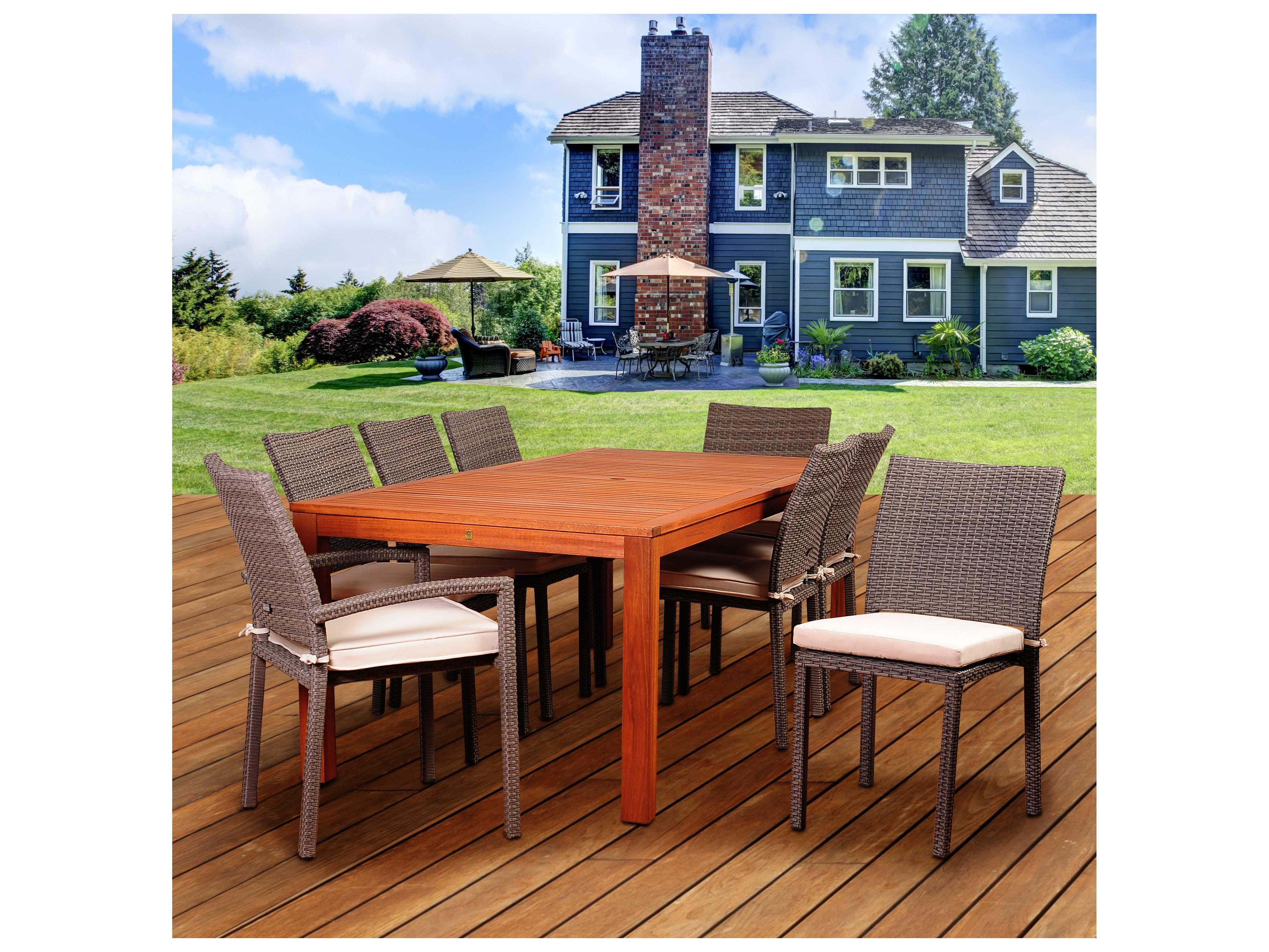 International Home Miami Amazonia Wood & Wicker Vienna 9 Piece Eucalyptus Rectangular Outdoor Dining Set with Off-White Cushions