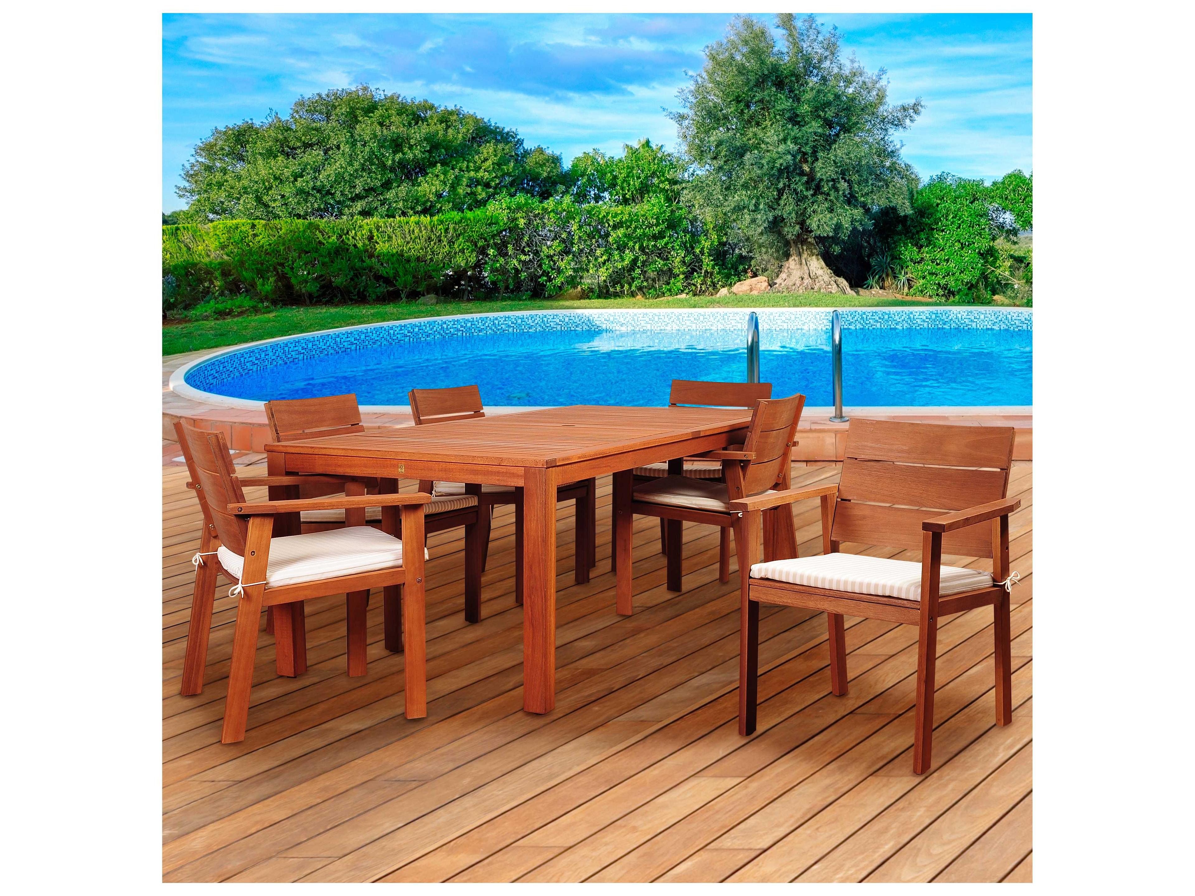 International Home Miami Amazonia Eucalyptus Nelson 7 Piece Eucalyptus Rectangular Outdoor Patio Dining Set with Striped Beige and Off-White Cushion