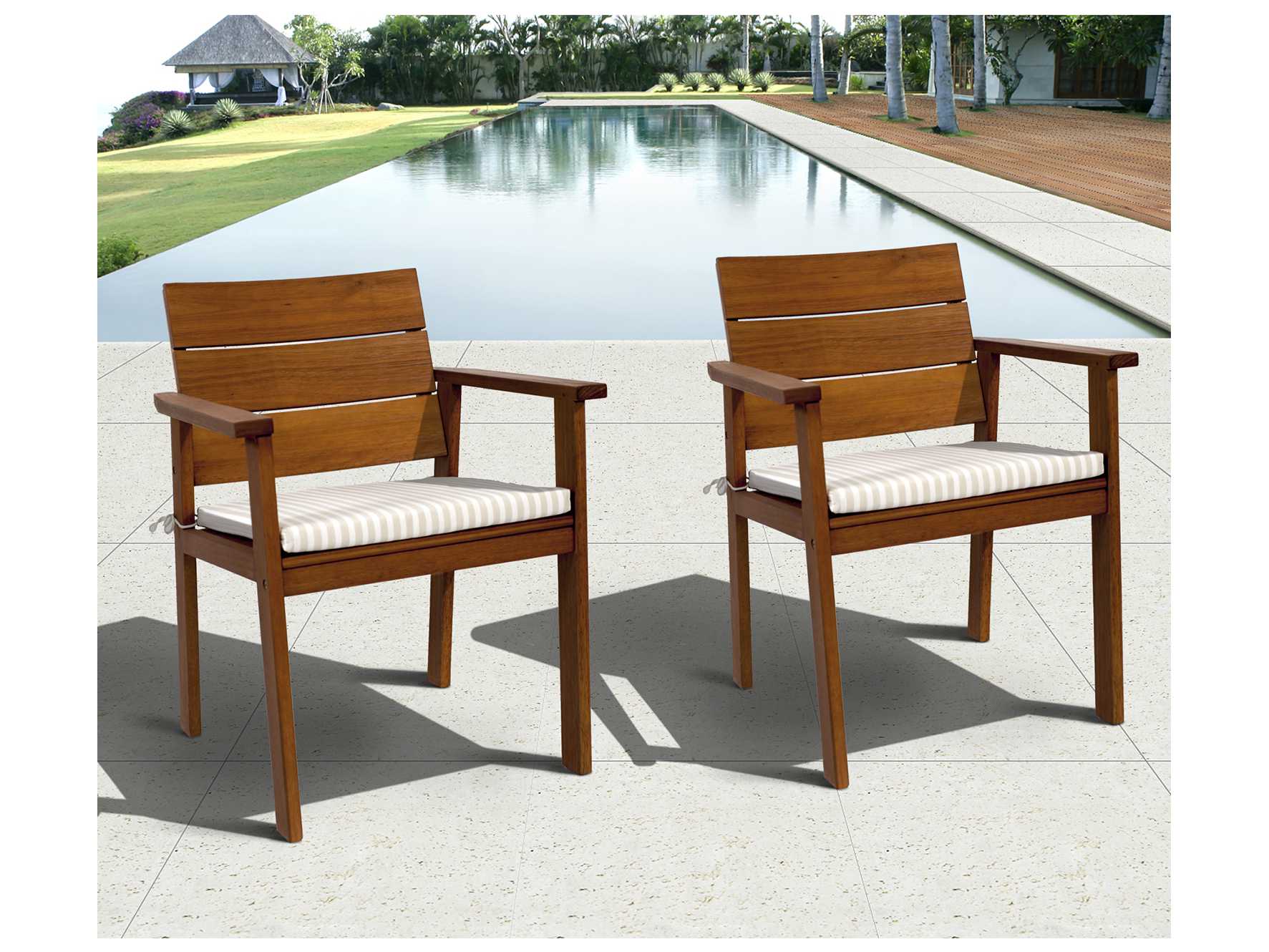 International Home Miami Amazonia Eucalyptus Nelson 7 Piece Eucalyptus Rectangular Outdoor Patio Dining Set with Striped Beige and Off-White Cushion