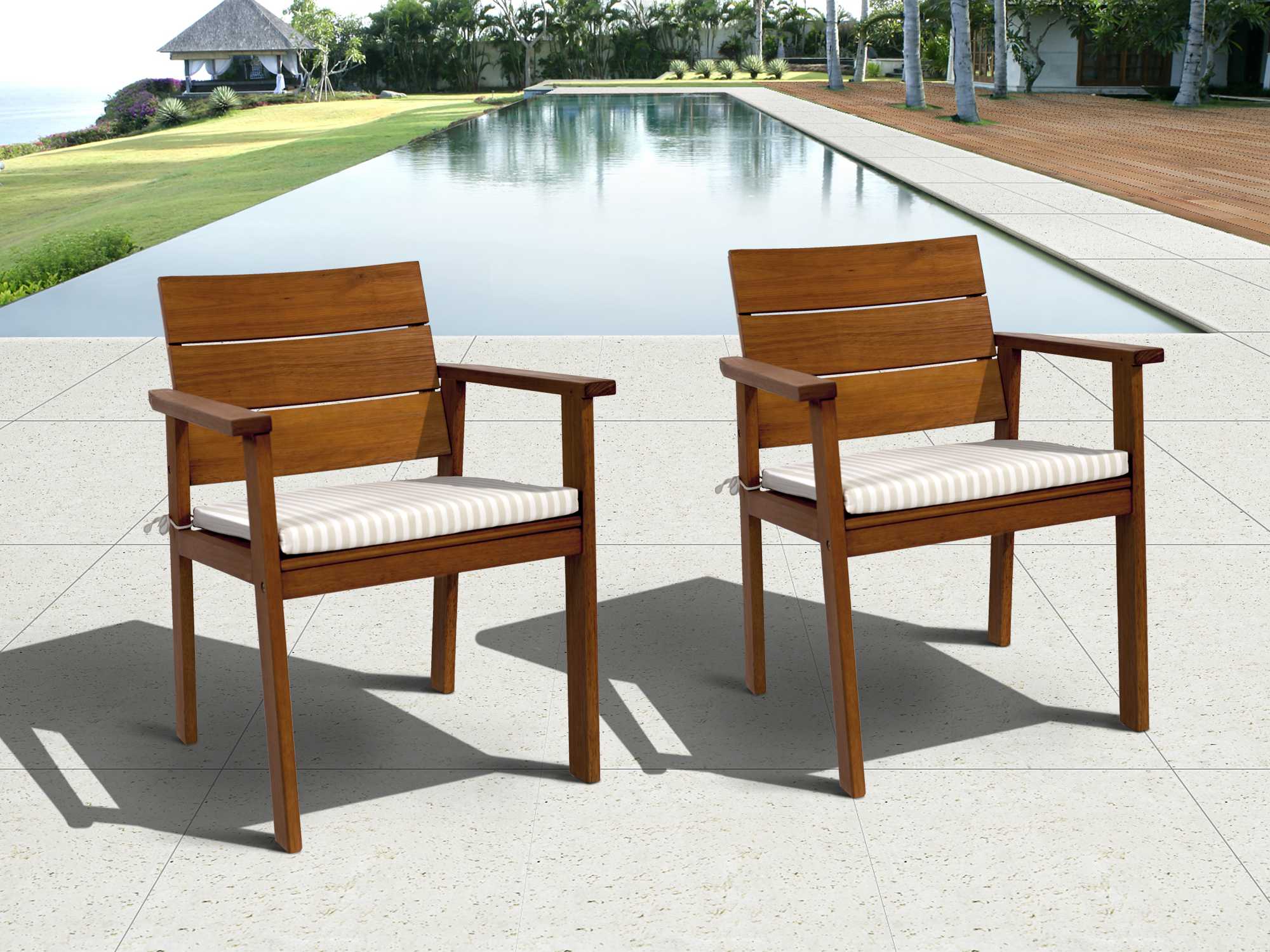 International Home Miami Amazonia Eucalyptus Rectangular Seven Piece Gerald Outdoor Patio Dining Set with Off-White & Beige Striped Cushions