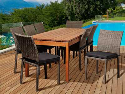 International Home Miami Amazonia Eucalyptus & Wicker Rectangular Nine Piece Eucalyptus Outdoor Dining Set with Grey Cushions