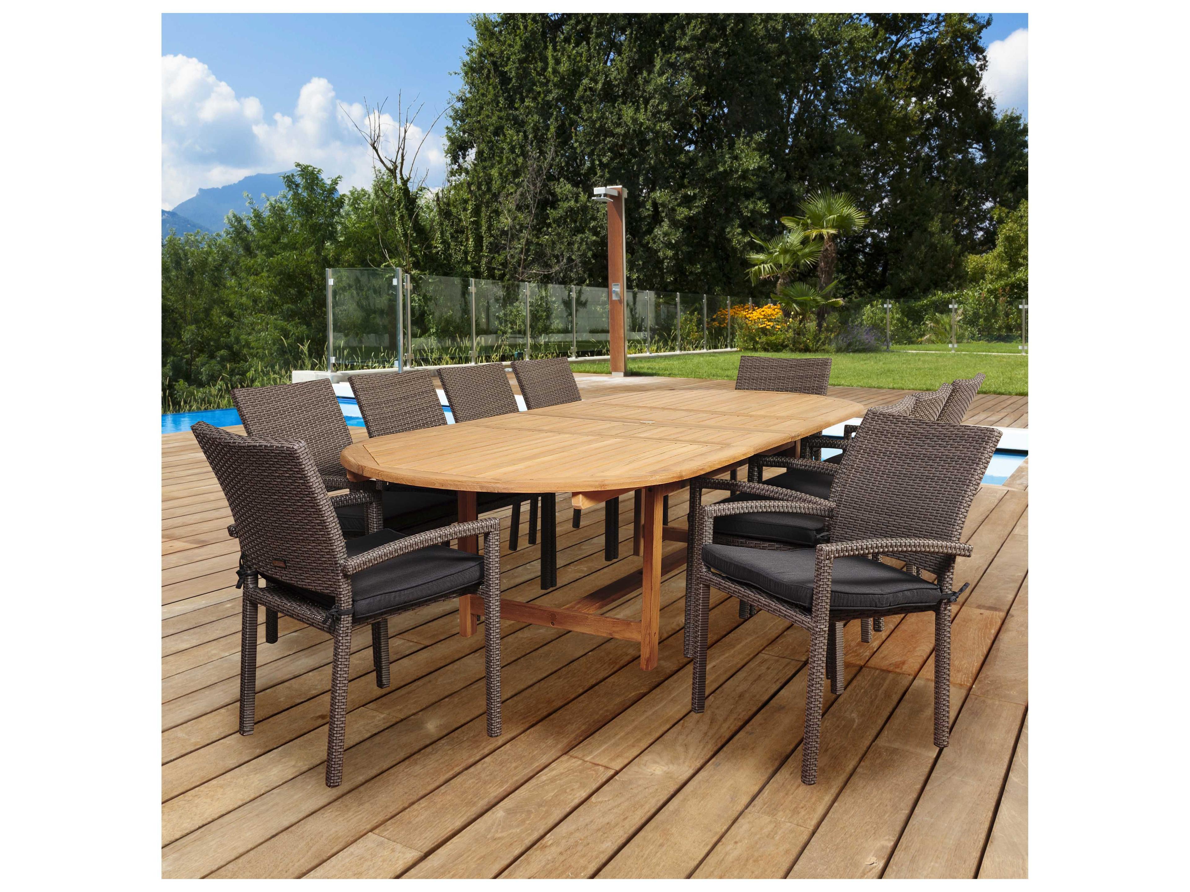 International Home Miami Amazonia Teak/Wicker City Villa 11 Piece Double-Extendable Oval Outdoor Patio Dining Set with Grey Cushions