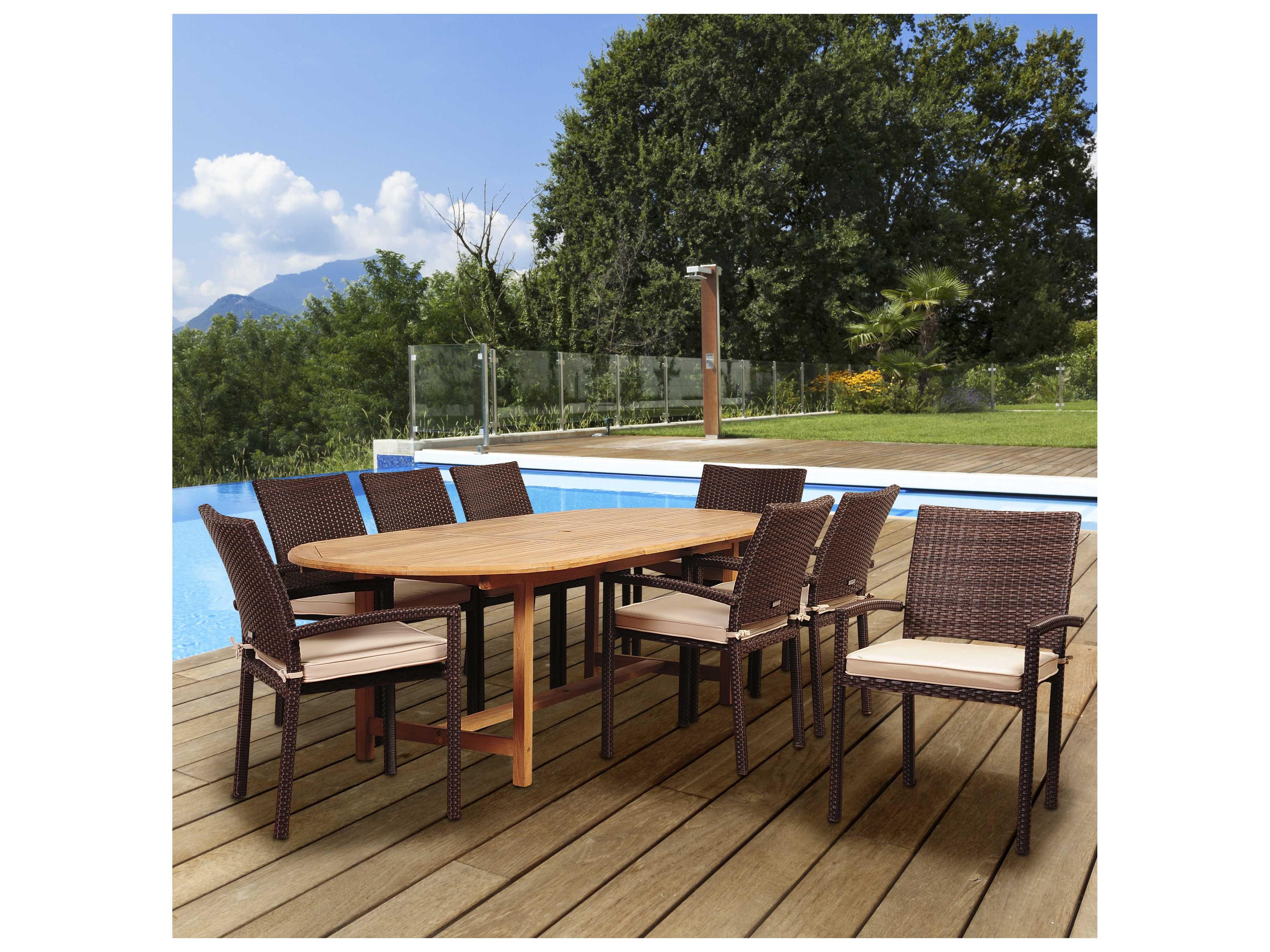 International Home Miami Amazonia Teak Santa Clarita 9 Piece Eucalyptus Rectangular Patio Dining Set with Antique Beige Sunbrella® Cushions