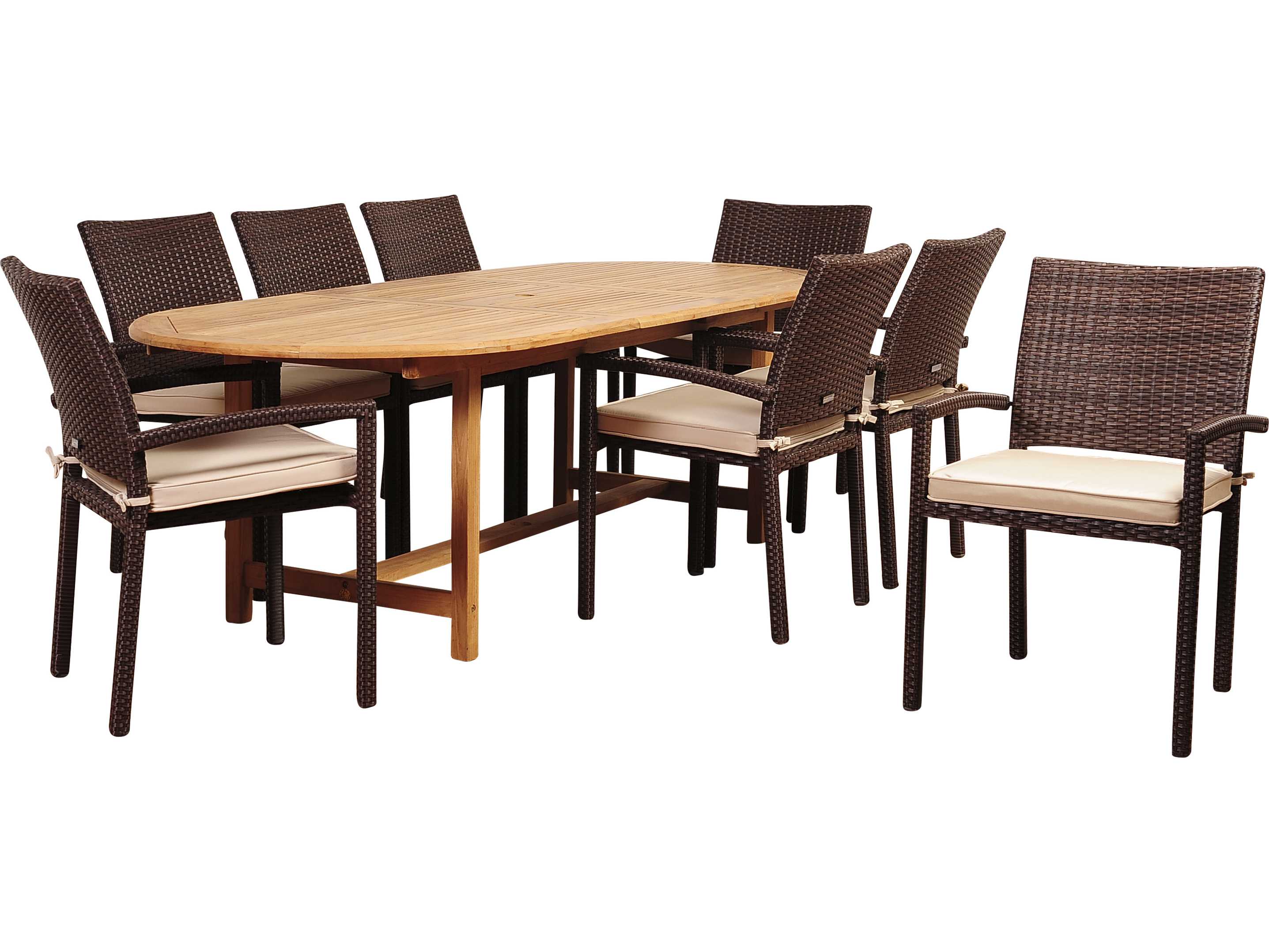 International Home Miami Amazonia Teak Santa Clarita 9 Piece Eucalyptus Rectangular Patio Dining Set with Antique Beige Sunbrella® Cushions