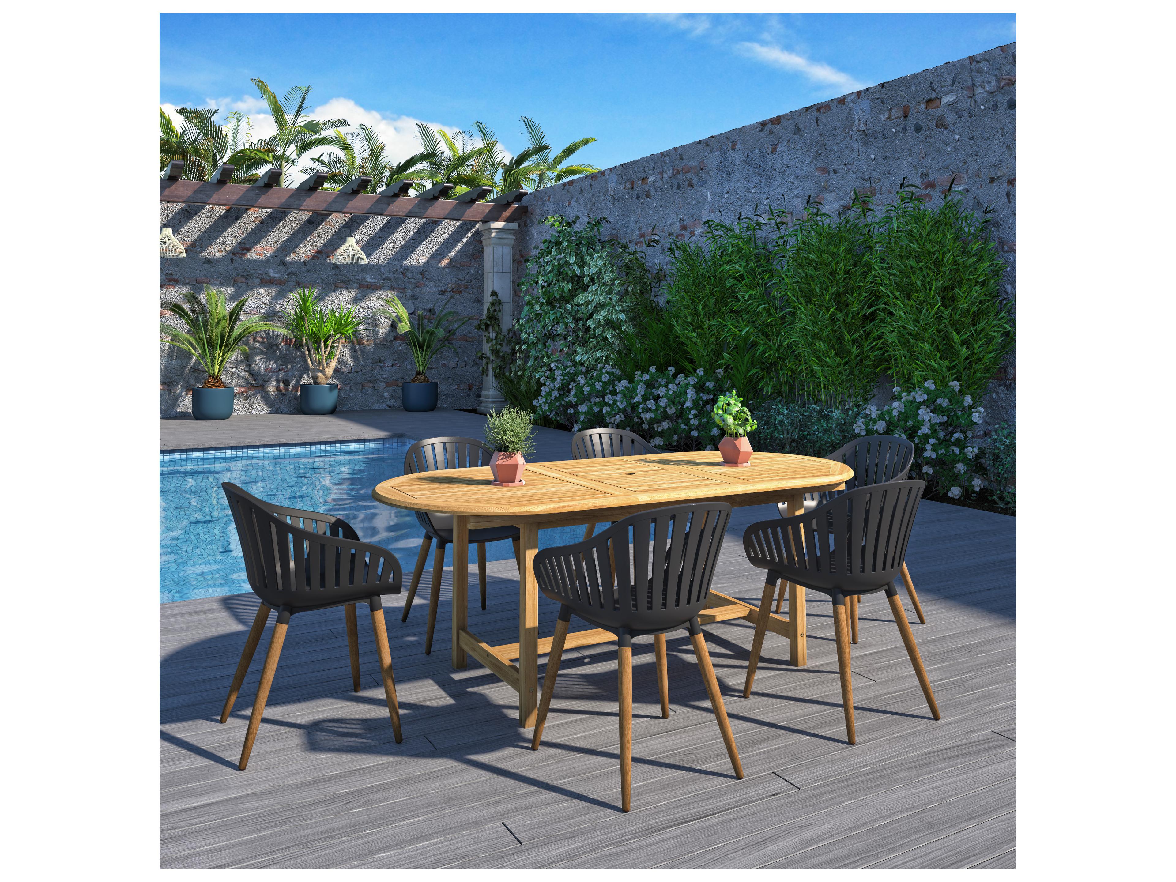 International Home Miami Amazonia Teak Wood Resin Brown/Black & Brown 7 Piece Oval Outdoor Patio Dining Set