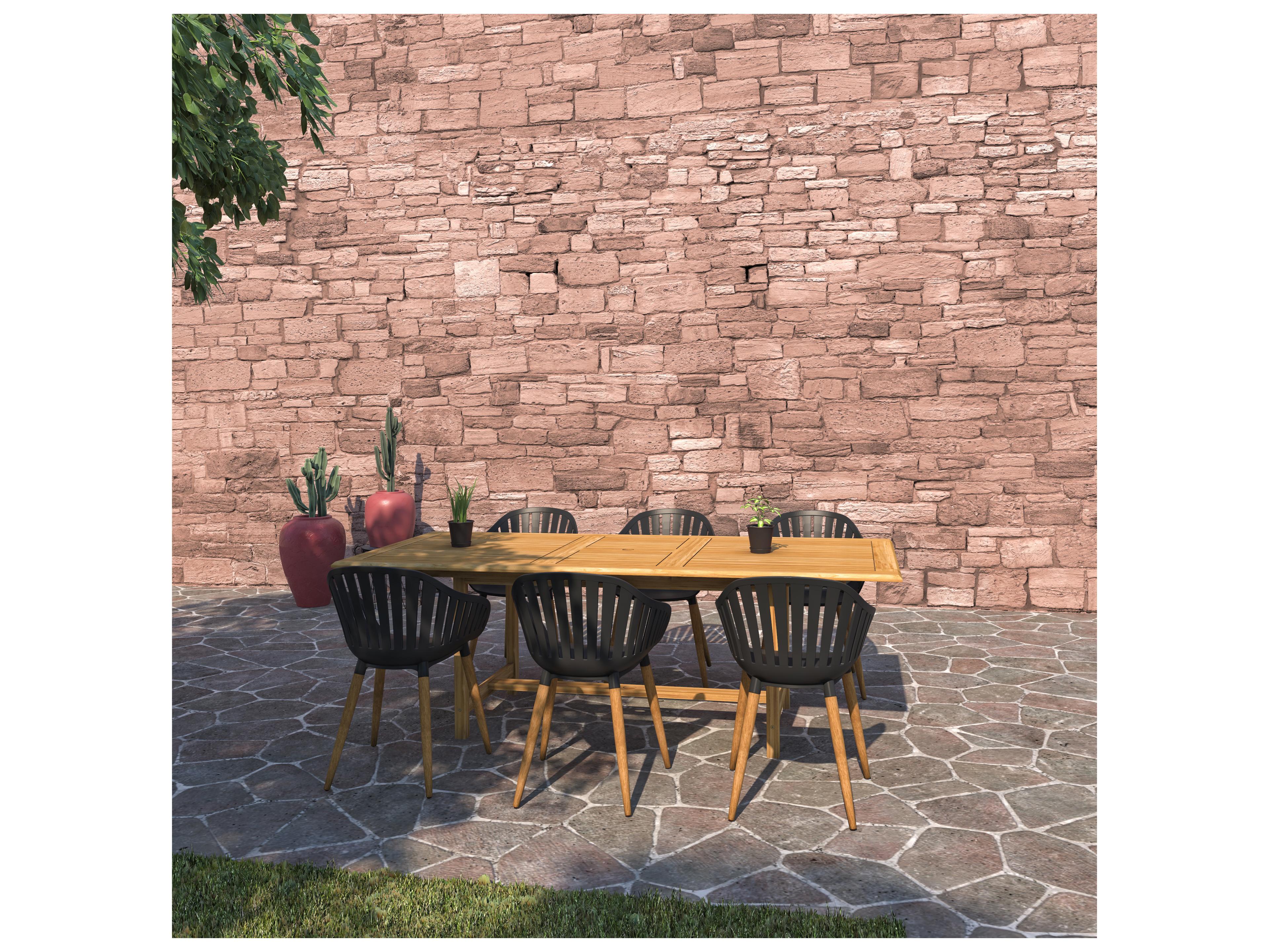 International Home Miami Amazonia Teak Wood Resin Brown/Black & Brown 7 Piece Rectangular Outdoor Dining Set