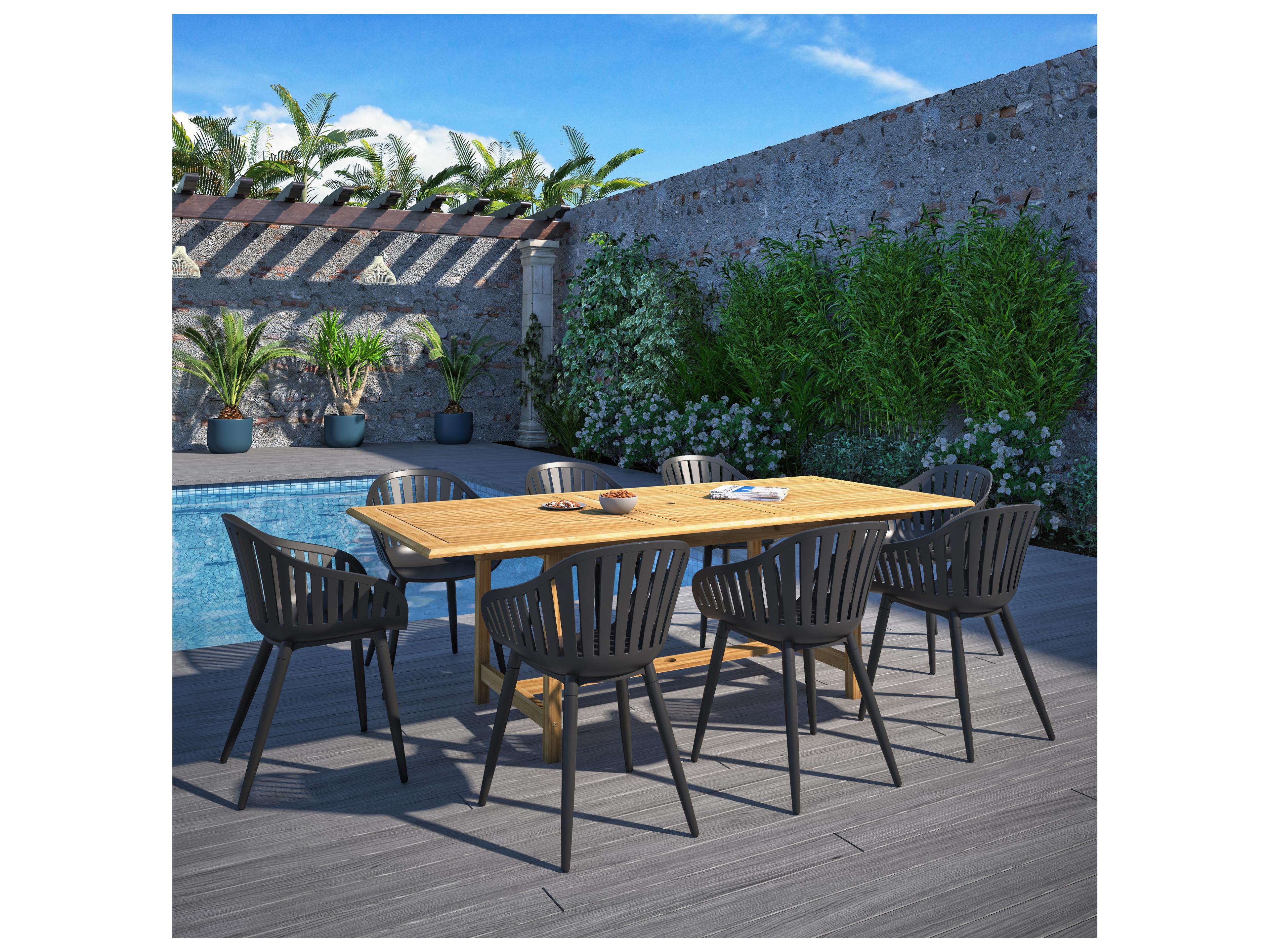 International Home Miami Amazonia Teak Wood Aluminum Brown/Black 9 Piece Rectangular Patio Dining Set