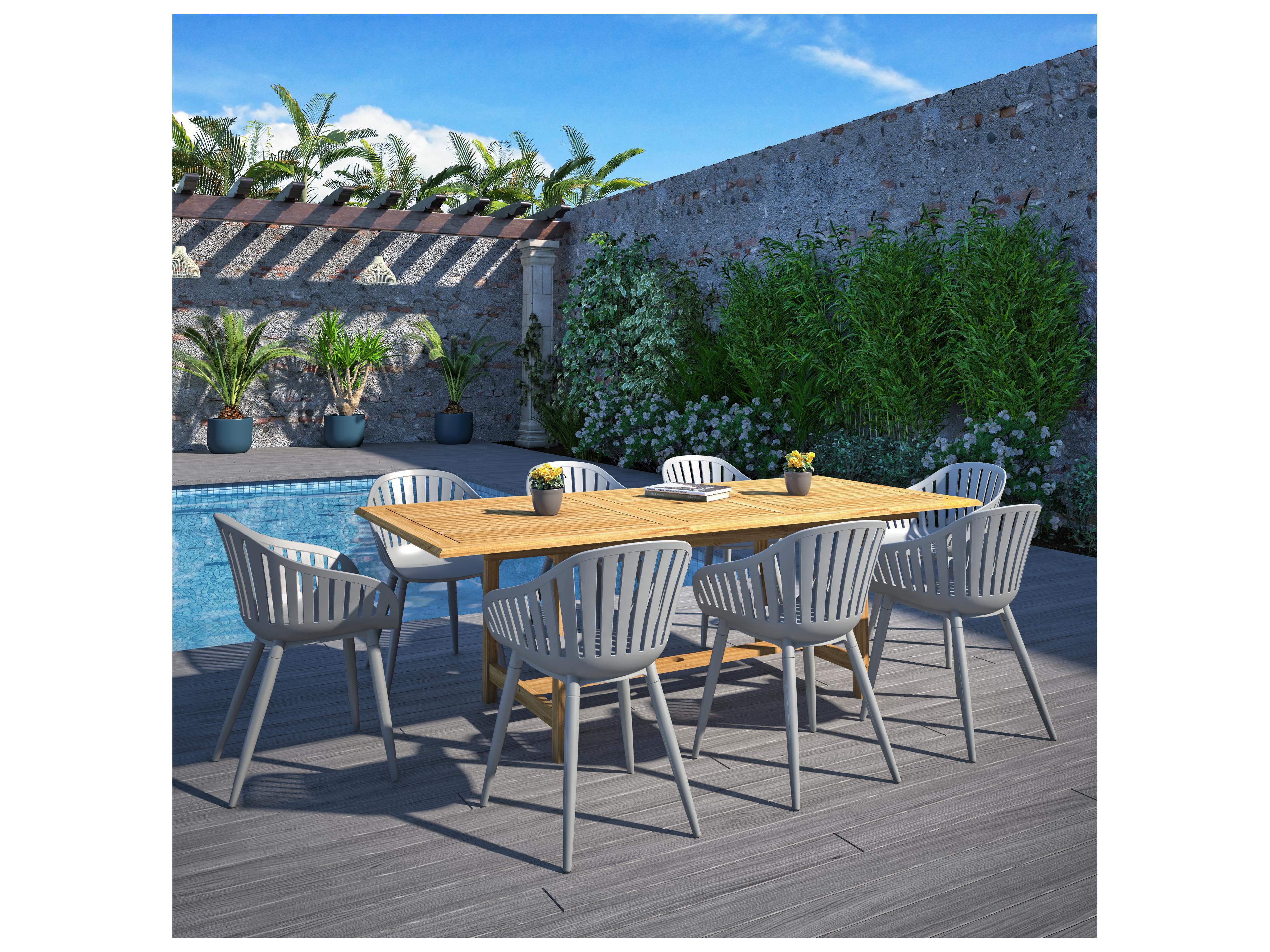 International Home Miami Amazonia Teak Wood Aluminum Brown/Grey 9 Piece Rectangular Outdoor Dining Set