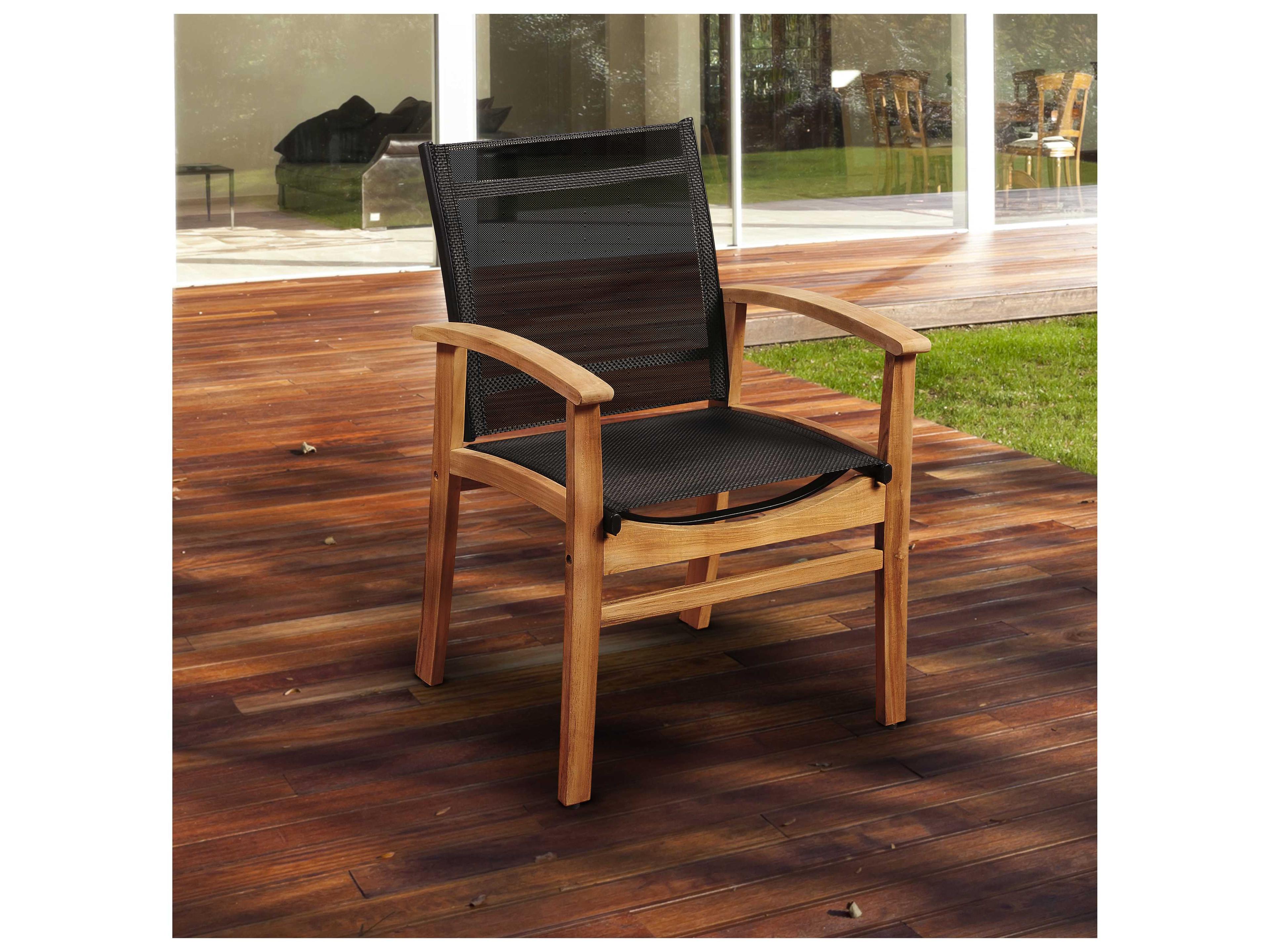International Home Miami Amazonia Fortuna Teak Outdoor Dining Arm Chair with Black Textile Sling