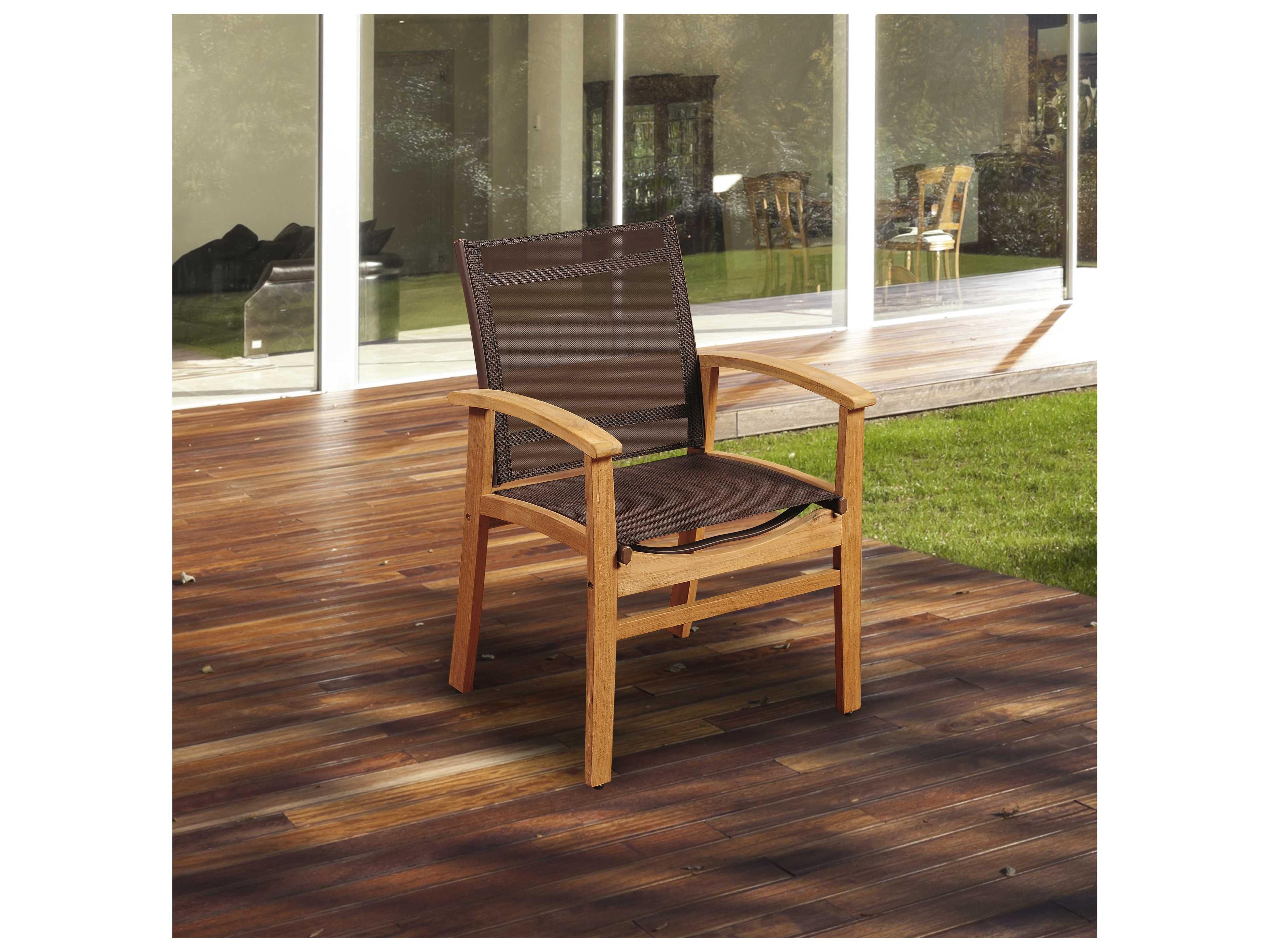International Home Miami Amazonia Fortuna Teak Outdoor Patio Dining Arm Chair with Brown Textile Sling