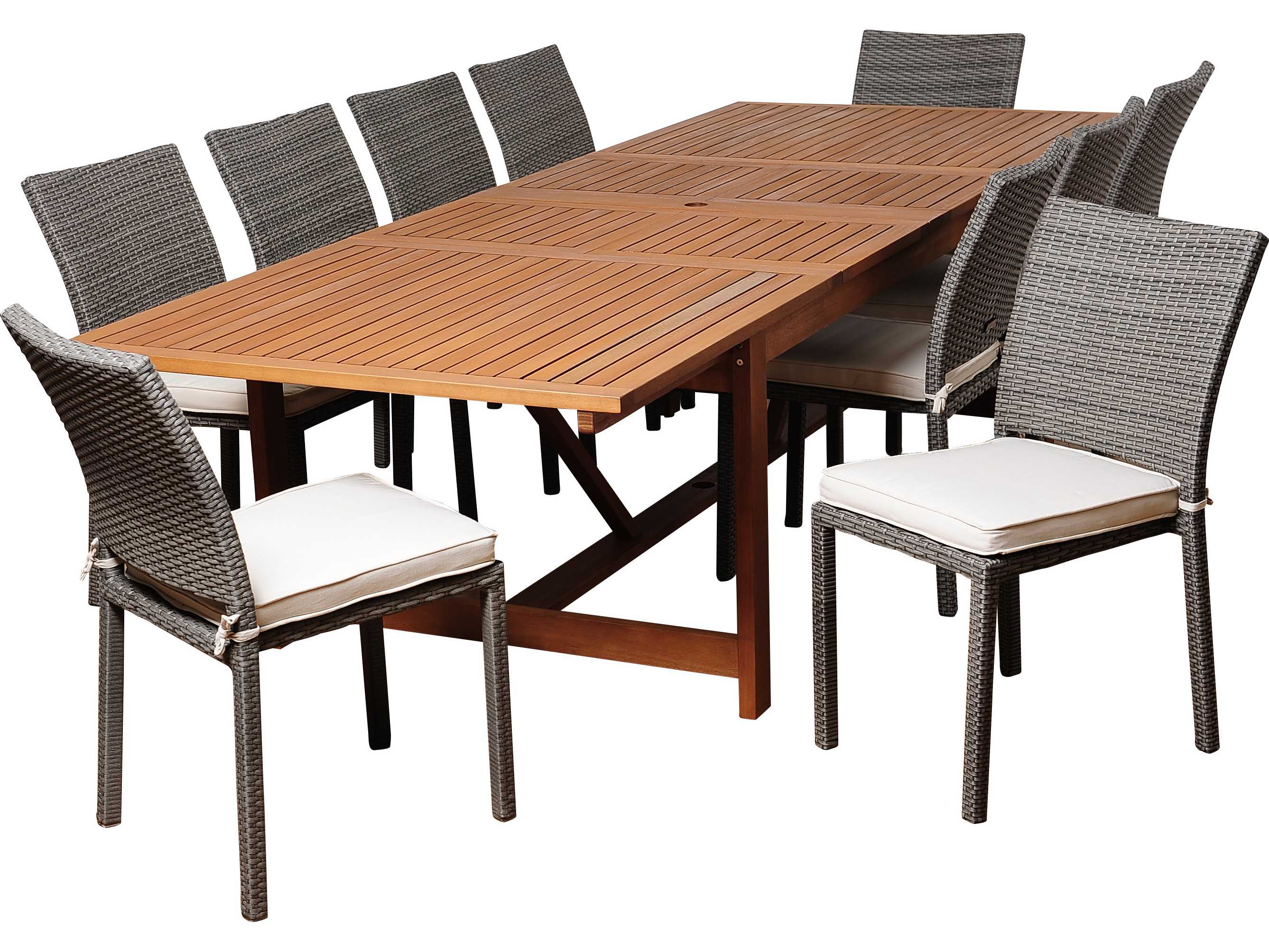 International Home Miami Amazonia Eucalyptus & Wicker Rectangular 11 Piece Extendable Angelo Outdoor Dining Set with Off-White Cushions
