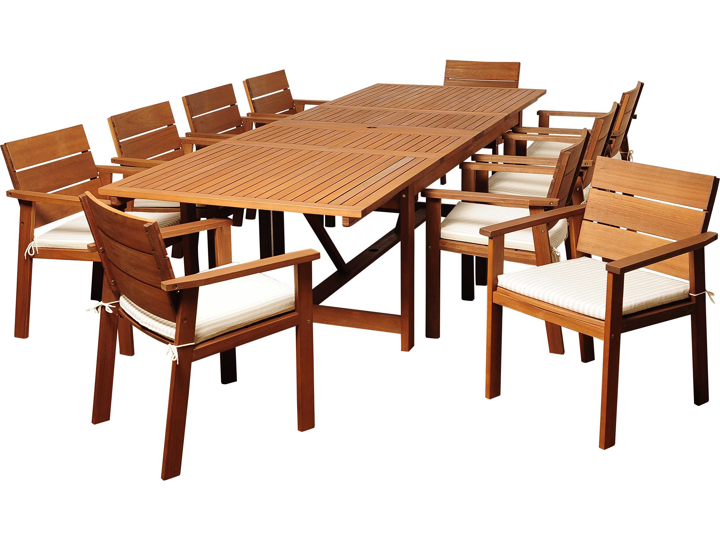 International Home Miami Amazonia Eucalyptus Rectangular 11 Piece Extendable Gerald Patio Dining Set with Off-White & Beige Striped Cushions