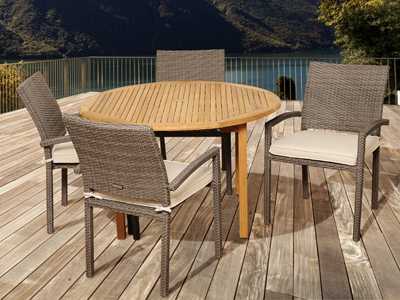 International Home Miami Amazonia Teak/Wicker Round Five Piece Barry Outdoor Patio Dining Set with Off-White Cushions