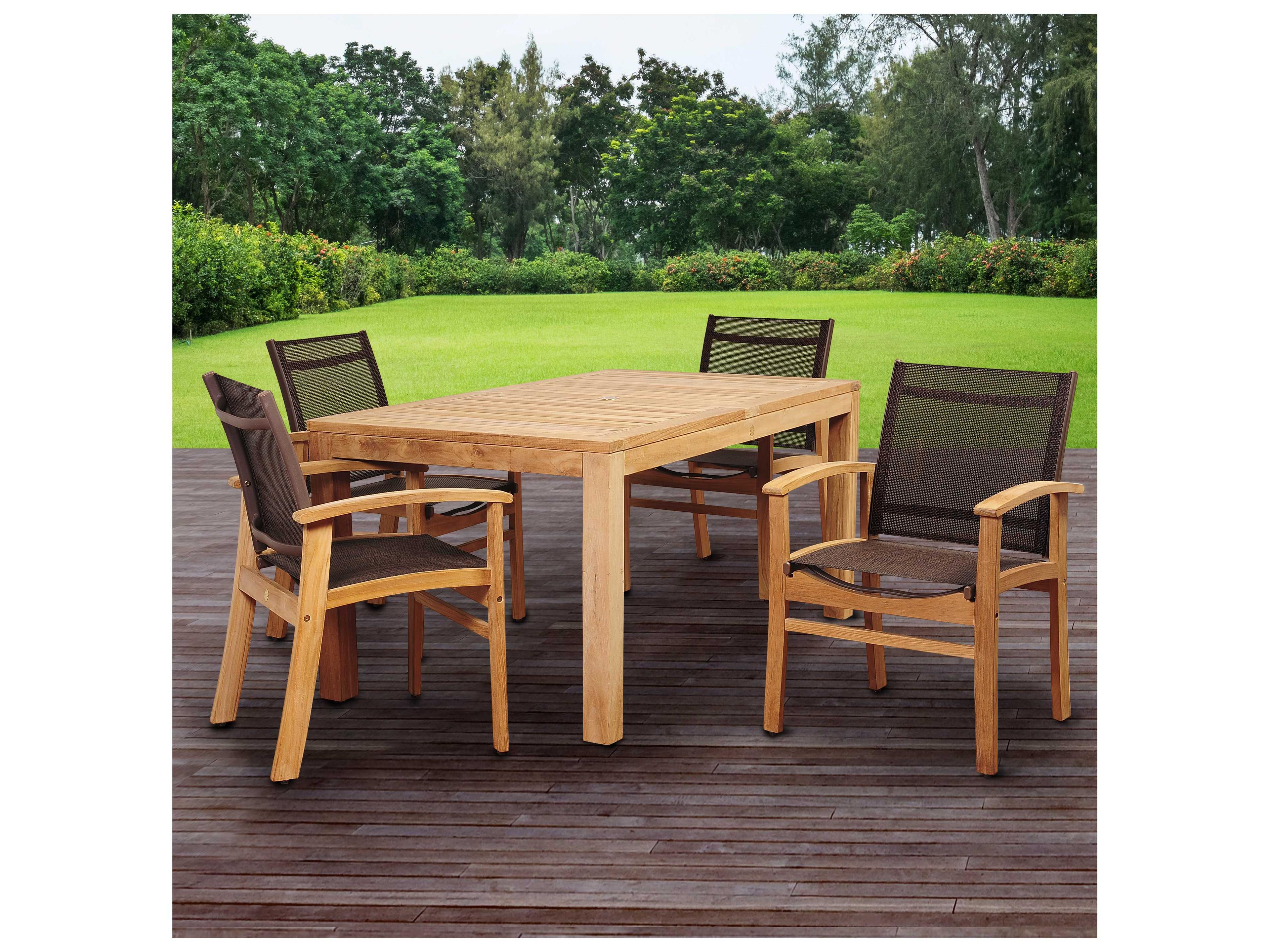 International Home Miami Amazonia Devlin 5 Piece Teak Rectangular Outdoor Dining Set with Brown Sling Chair