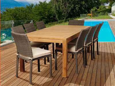 International Home Miami Amazonia Teak/Wicker Rectangular Nine Piece Damian Outdoor Patio Dining Set with Off-White Cushions