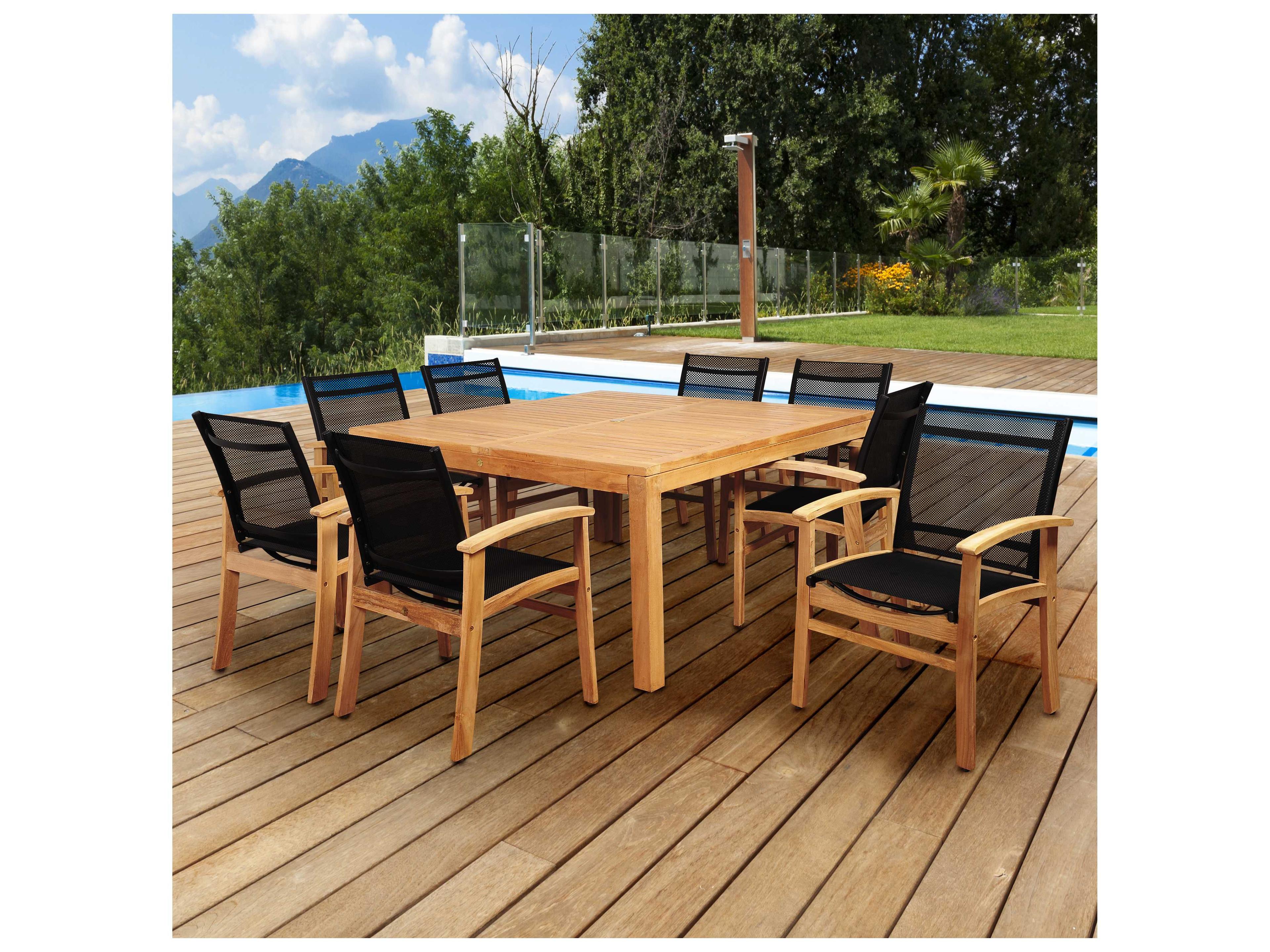 International Home Miami Amazonia Sunset View 9 Piece Teak Square Patio Dining Set with Black Sling Chair