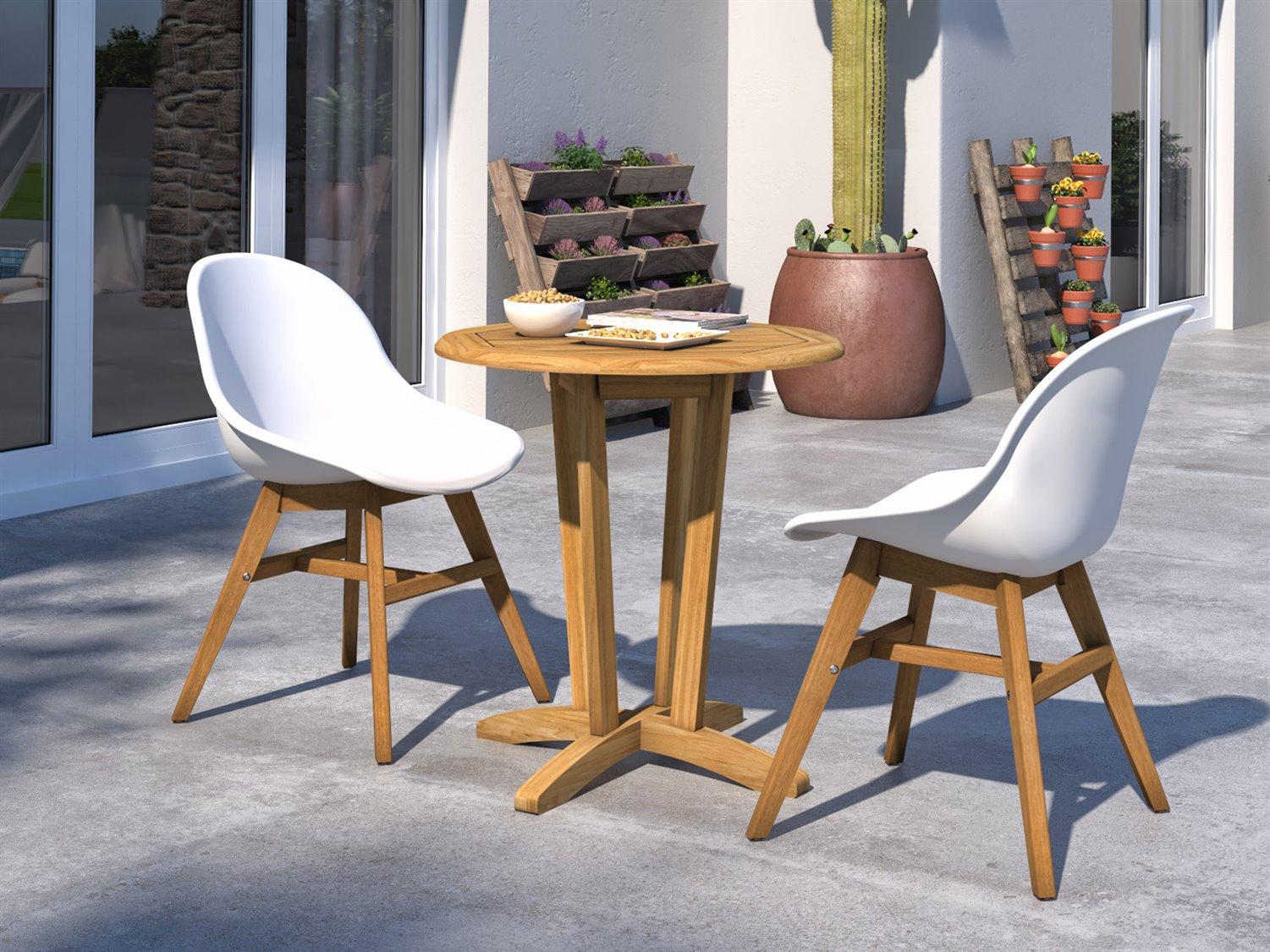 International Home Miami Amazonia 3 Piece Teak 100% FSC Certified Solid Wood For Outdoor Round Table With White Chair