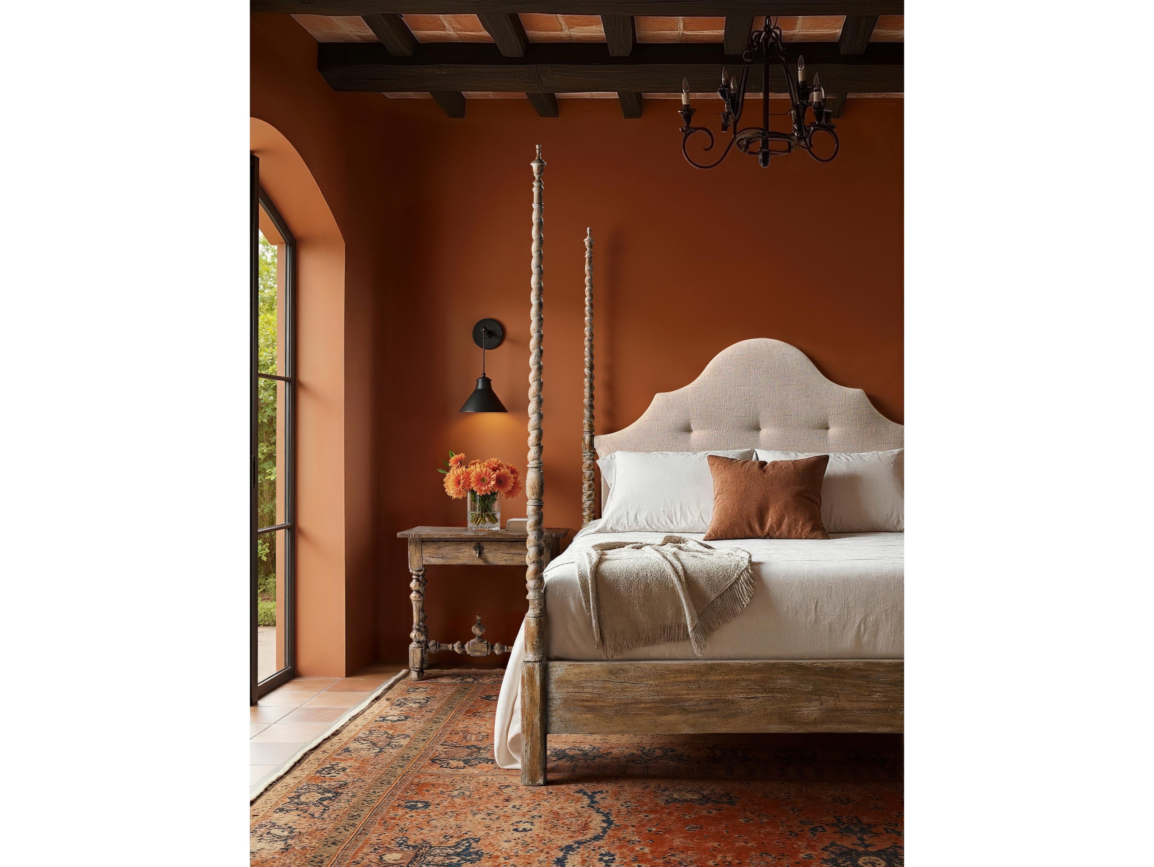 Jonathan Charles Caldera Light Spain Painted Walnut Brown Acacia Wood Queen Four Poster Bed