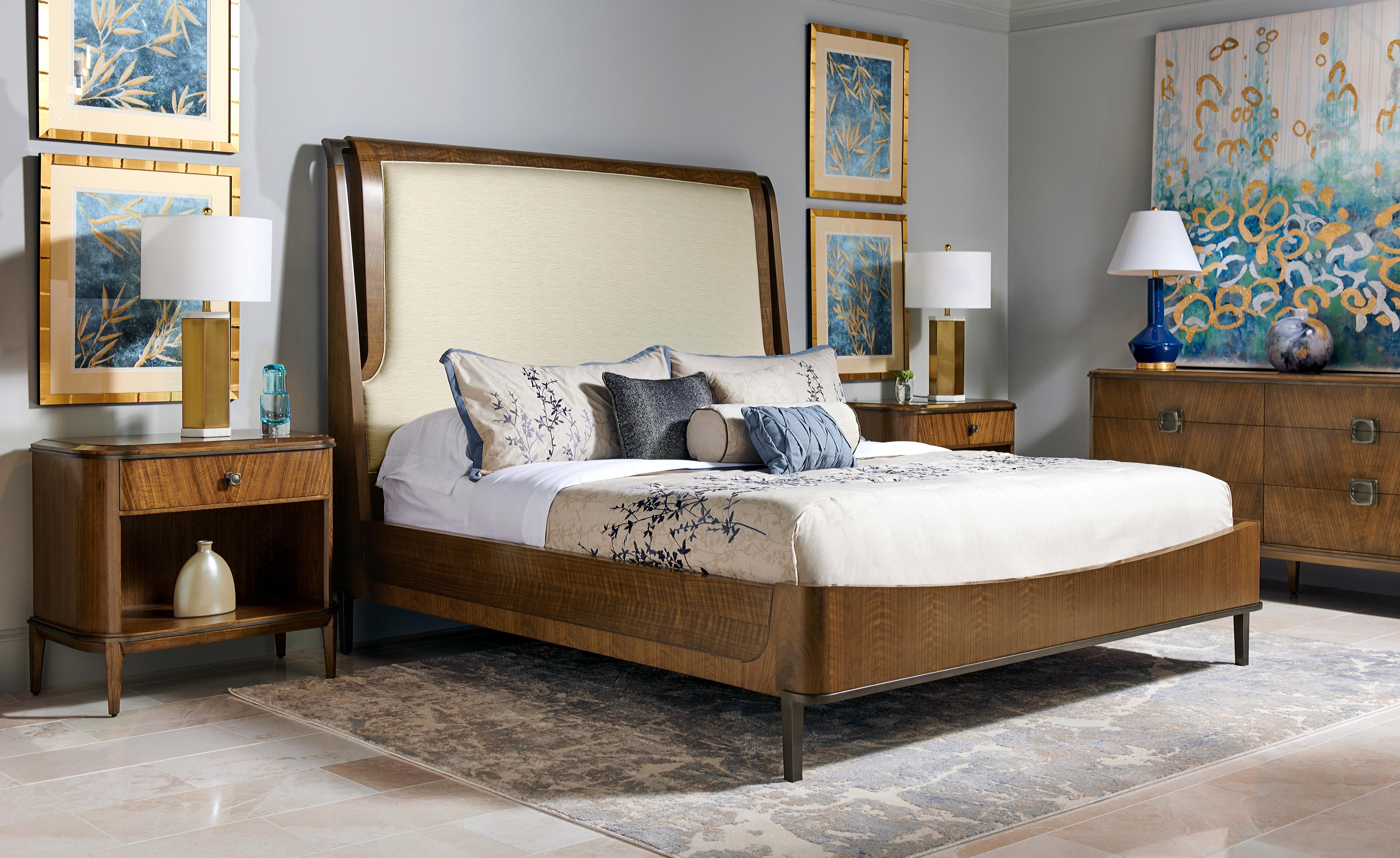 Jonathan Charles Toulouse Walnut Wood Upholstered King Panel Bed