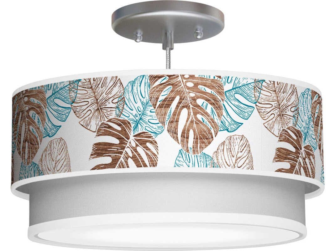 jefdesigns Monstera Printed Luther 1-Light Blue Drum Tiered Pendant