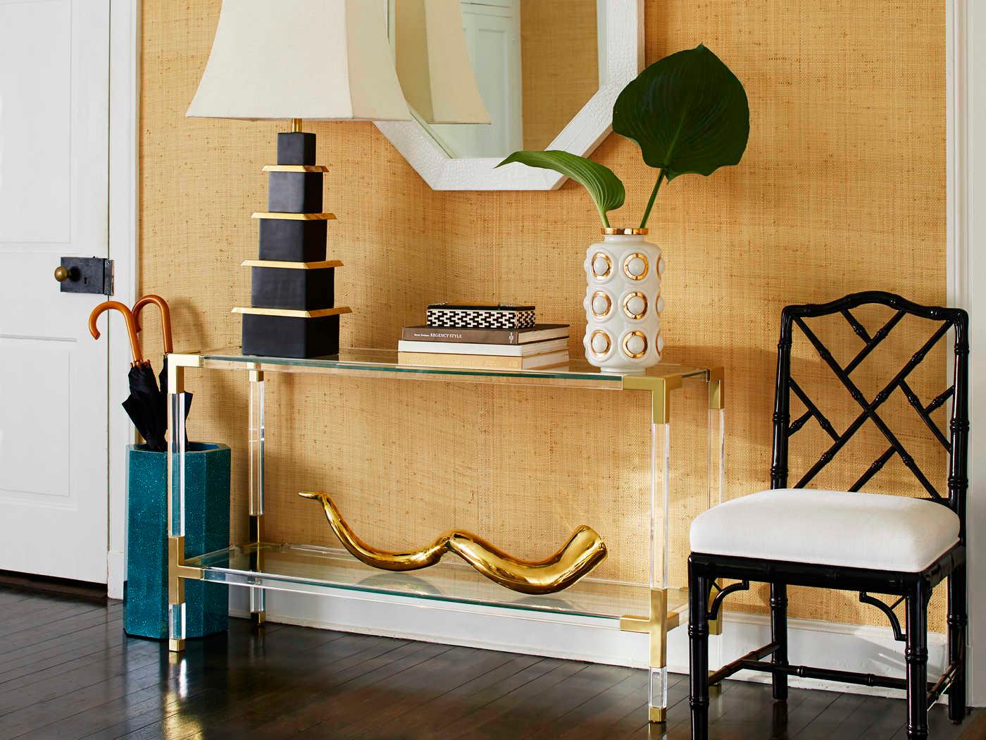 Jonathan Adler Jacques Rectangular Glass Clear Brass Console Table