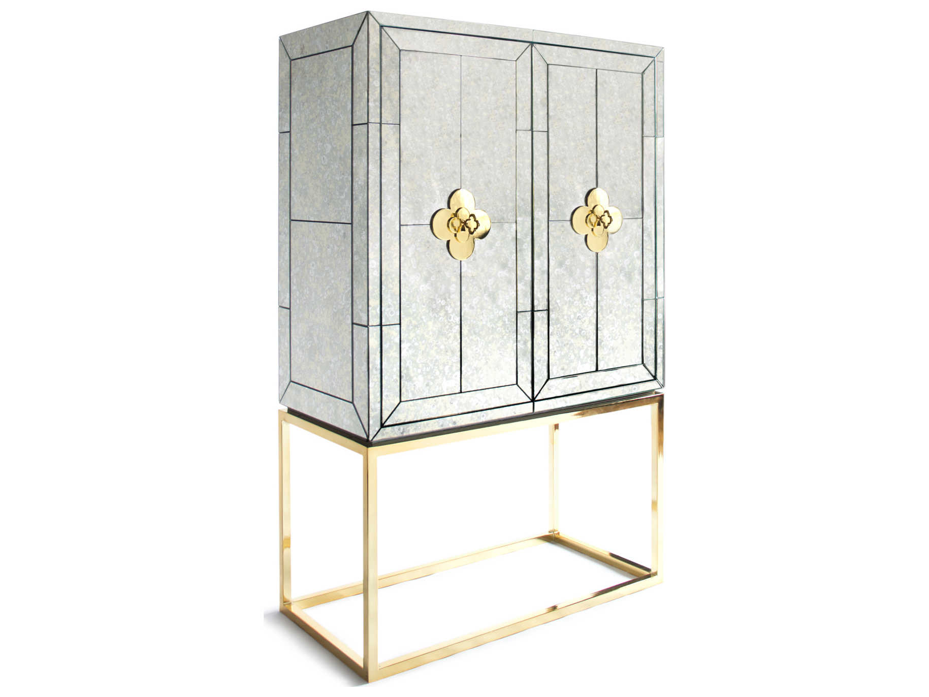 Jonathan Adler Delphine Mirrored Antiqued Mirror Brass Bar Cabinet