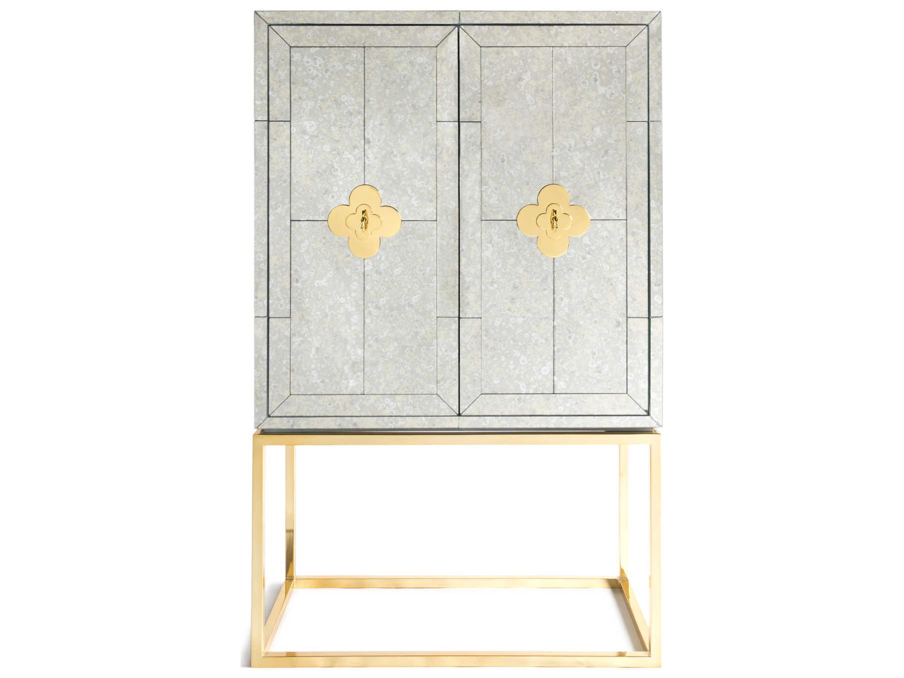 Jonathan Adler Delphine Mirrored Antiqued Mirror Brass Bar Cabinet