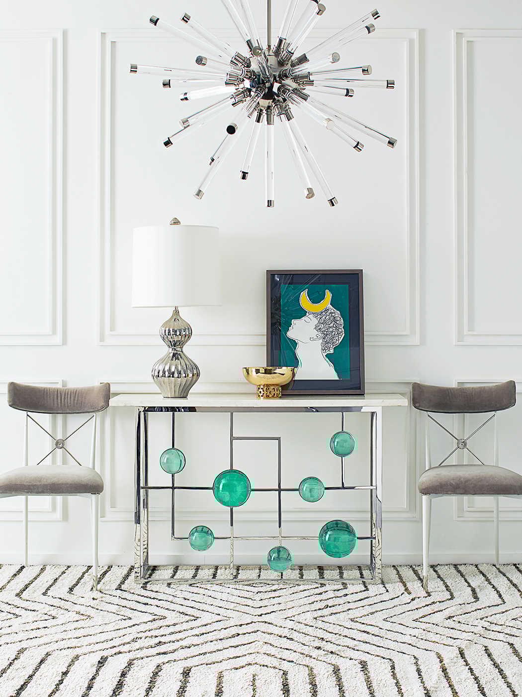 Jonathan Adler Globo Rectangular Marble Emerald Nickel Console Table