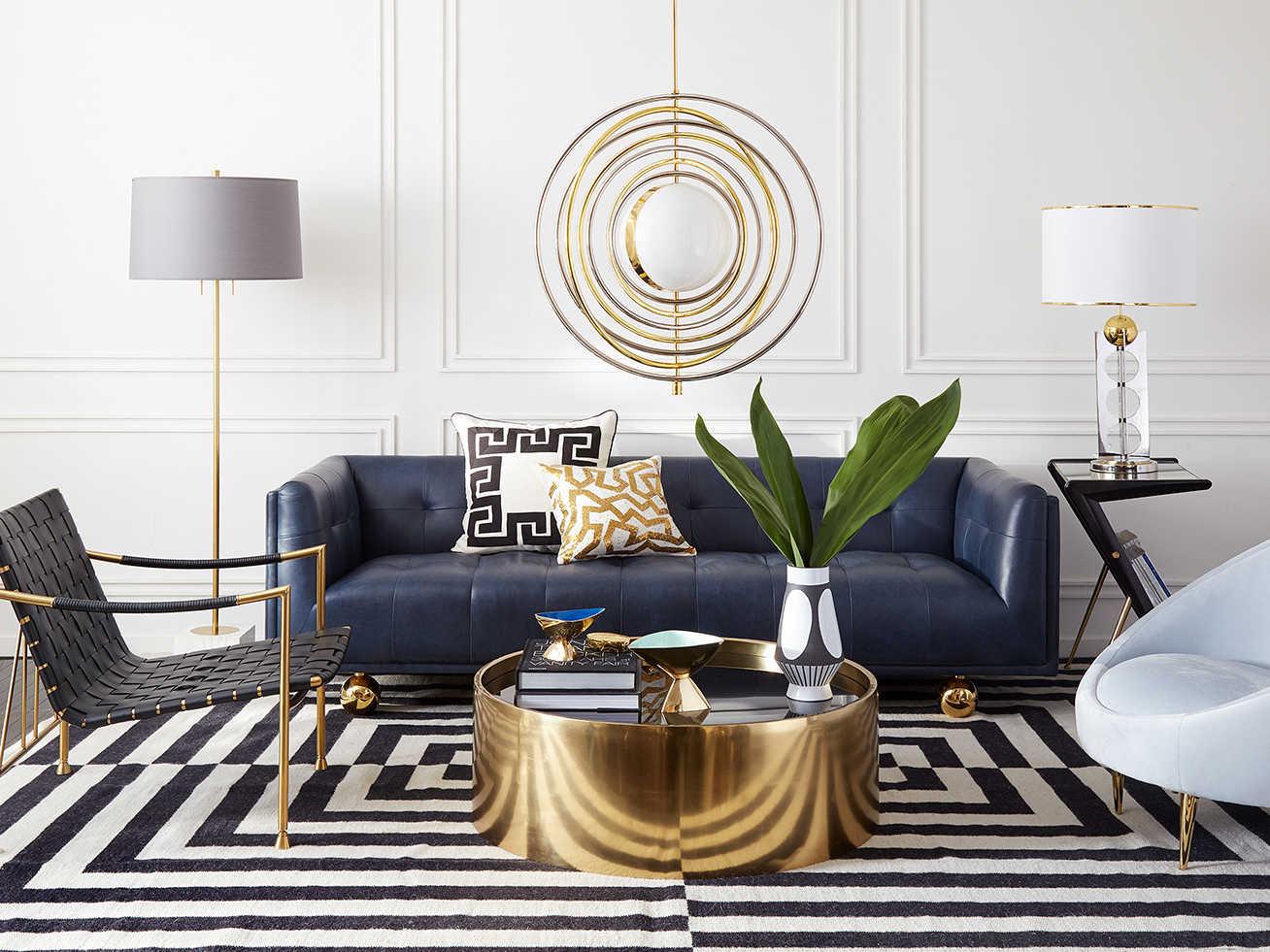 Jonathan Adler Alphaville Round Honed Brass Black Glass Coffee Table