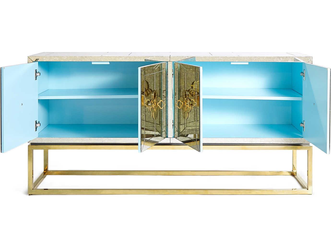 Jonathan Adler Delphine 64" Antiqued Mirror Brass Credenza Sideboard